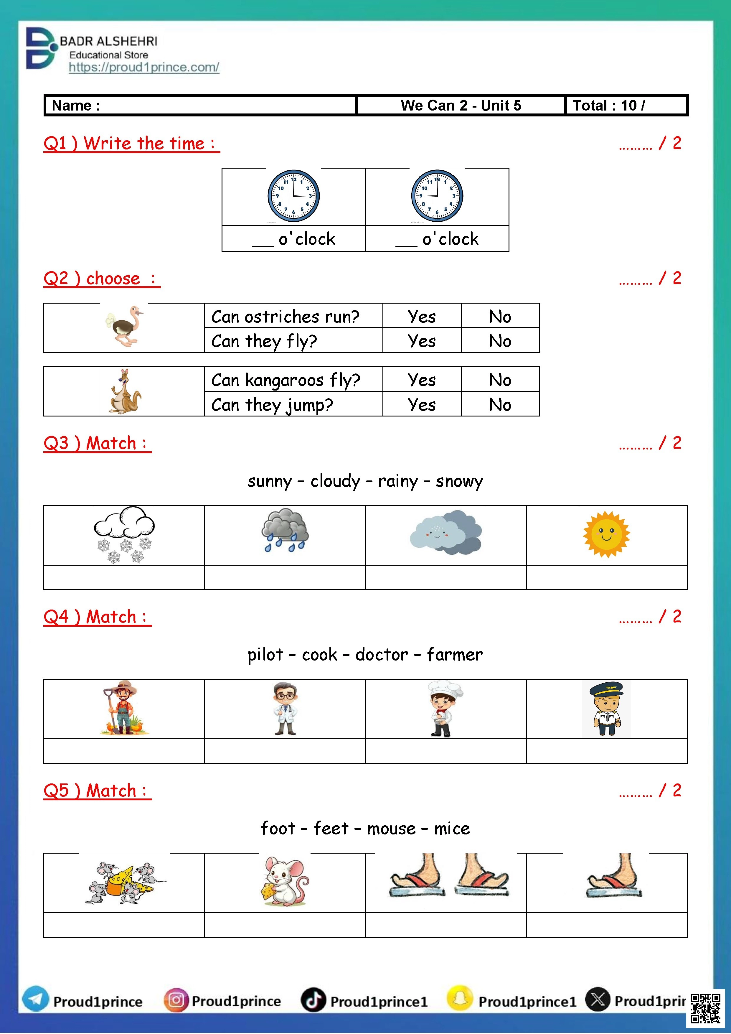 تقييم الوحدة الخامسة تدريبات حول الزمن والطقس والمهن