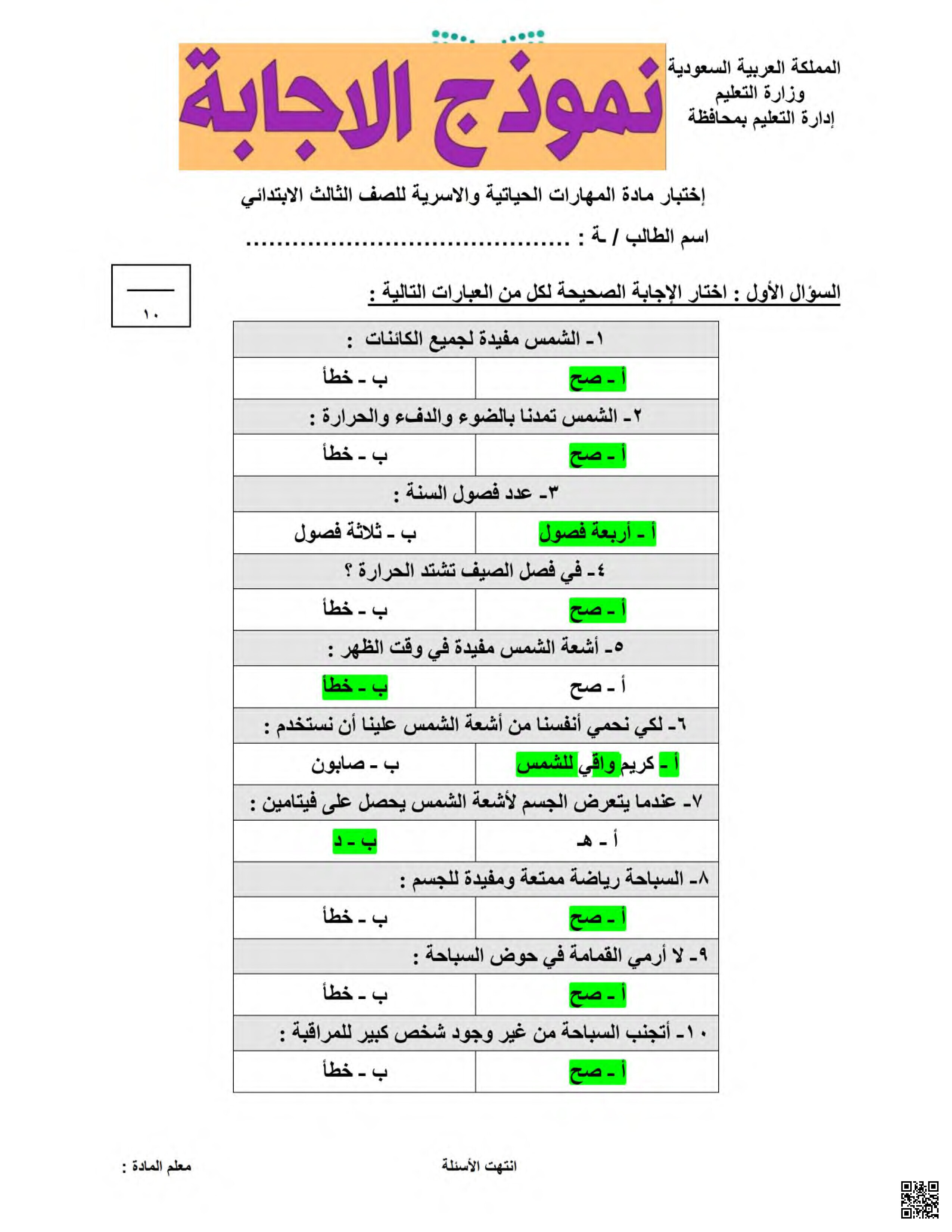 اختبار الحياتية والأسرية النهائي مع الإجابة - تربية أسرية - الصف الصف الثالث - الفصل الفصل الثالث