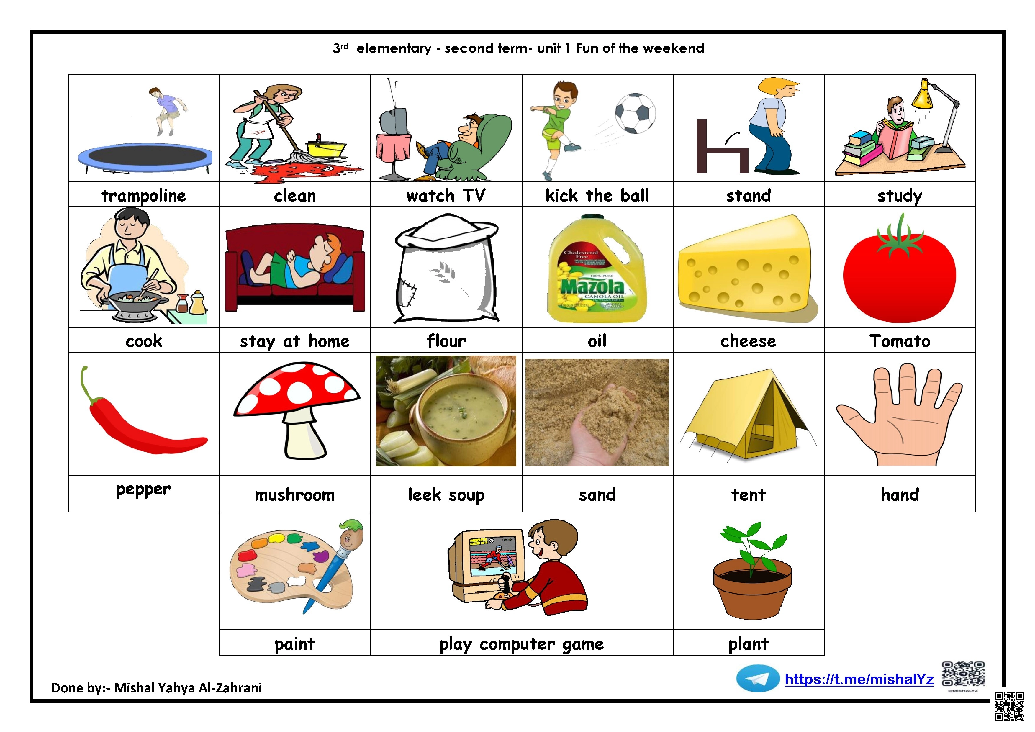 قاموس طالب مبسط لوحدة متعة عطلة نهاية الأسبوع - لغة انجليزية - الصف الصف الثالث - الفصل الفصل الثاني