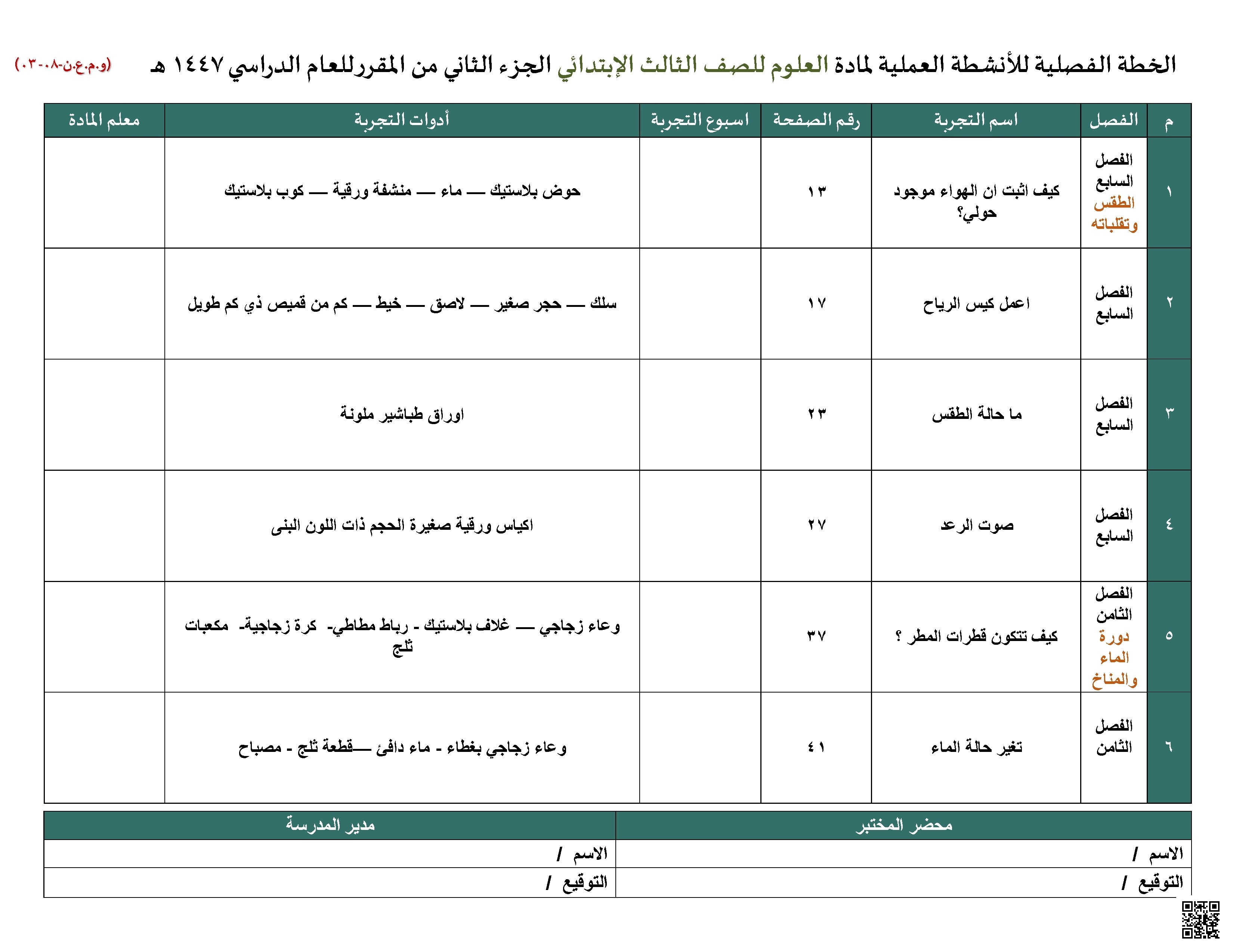 خطة الفصل الدراسي للتجارب العملية 1447ه‍ - علوم - الصف الصف الثالث - الفصل الفصل الثاني