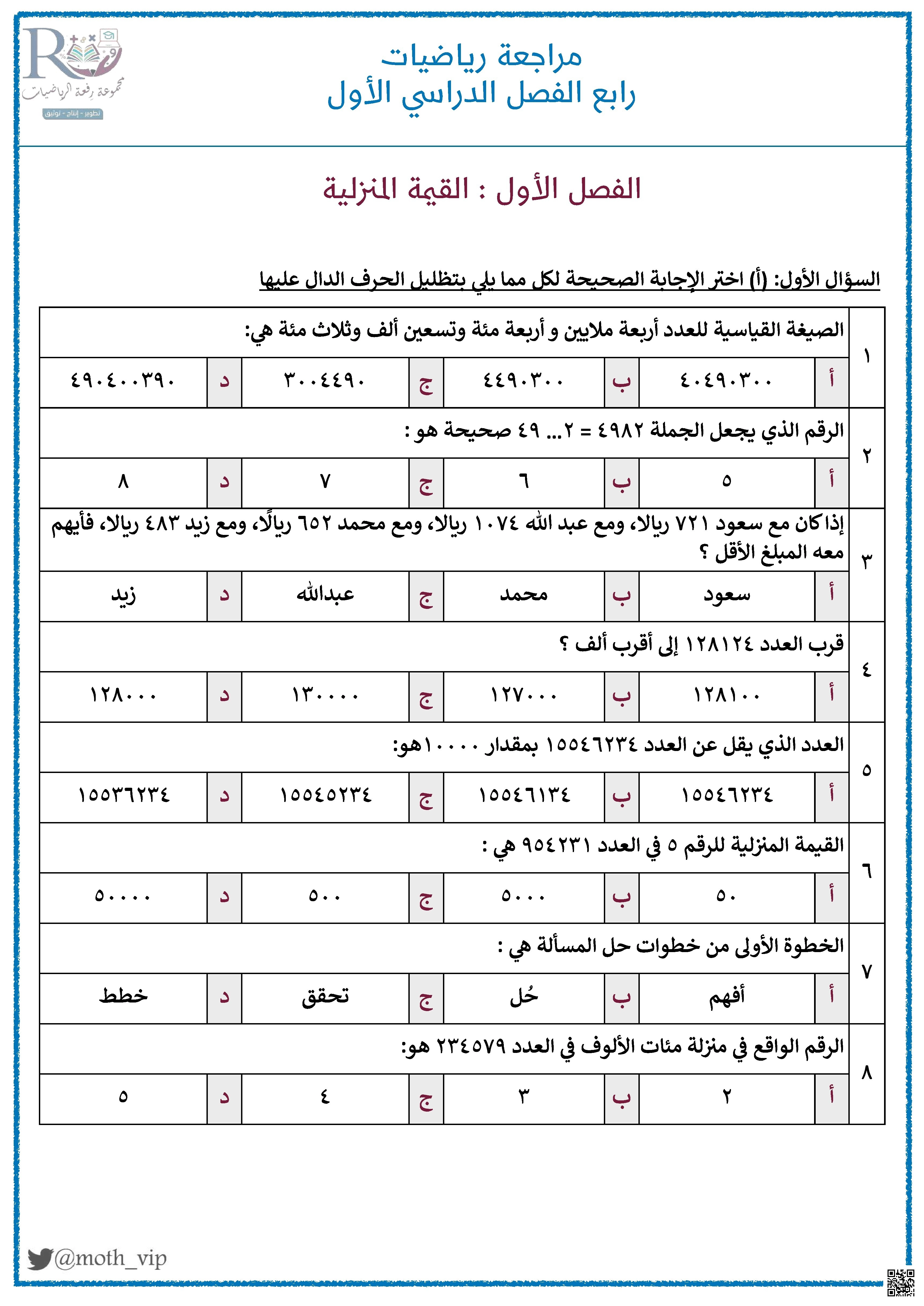 مراجعة شاملة 1 - رياضيات - الصف الصف الرابع - الفصل الفصل الأول