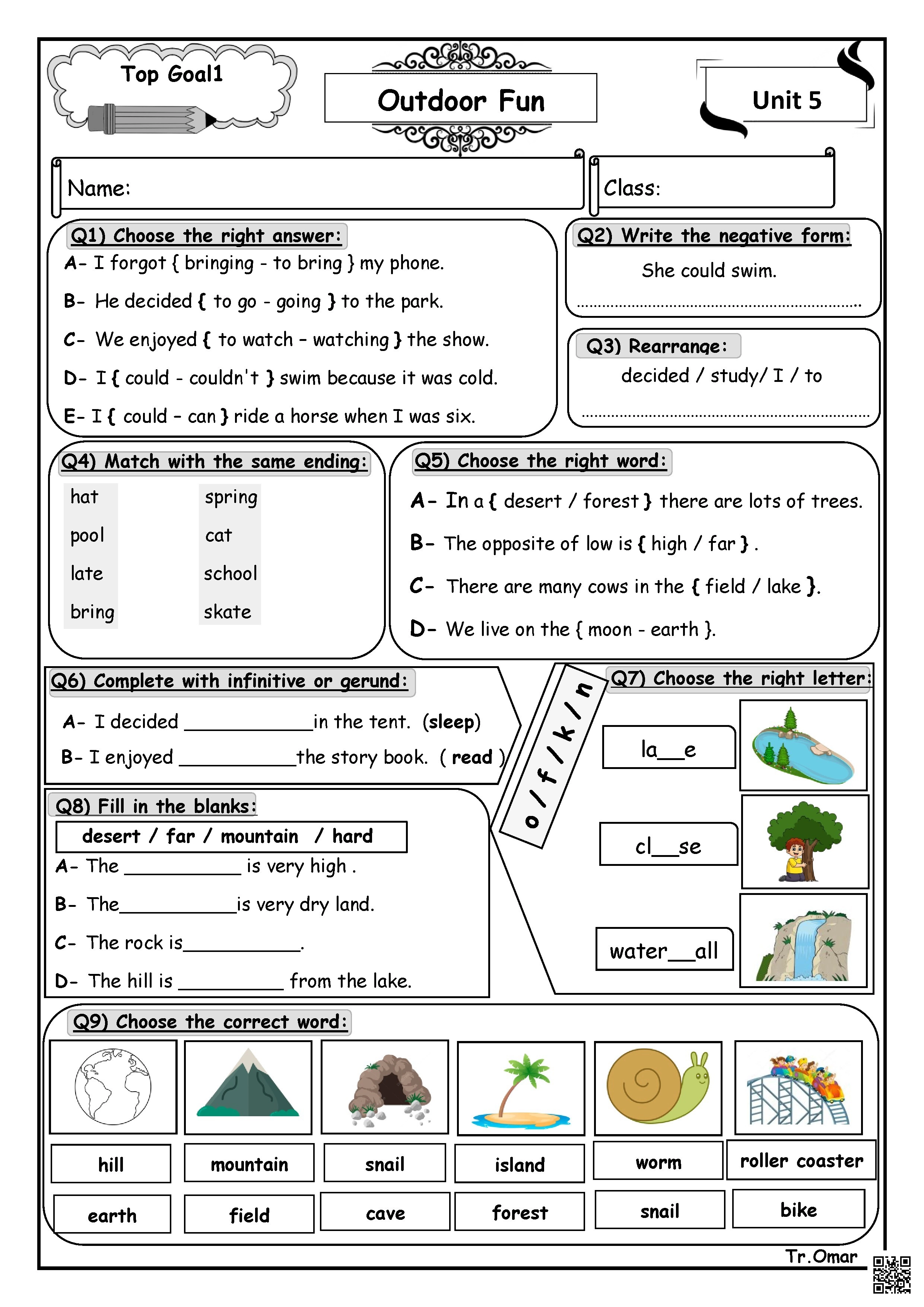 ورقة عمل للوحدة الخامسة لسلسلة Top Goal