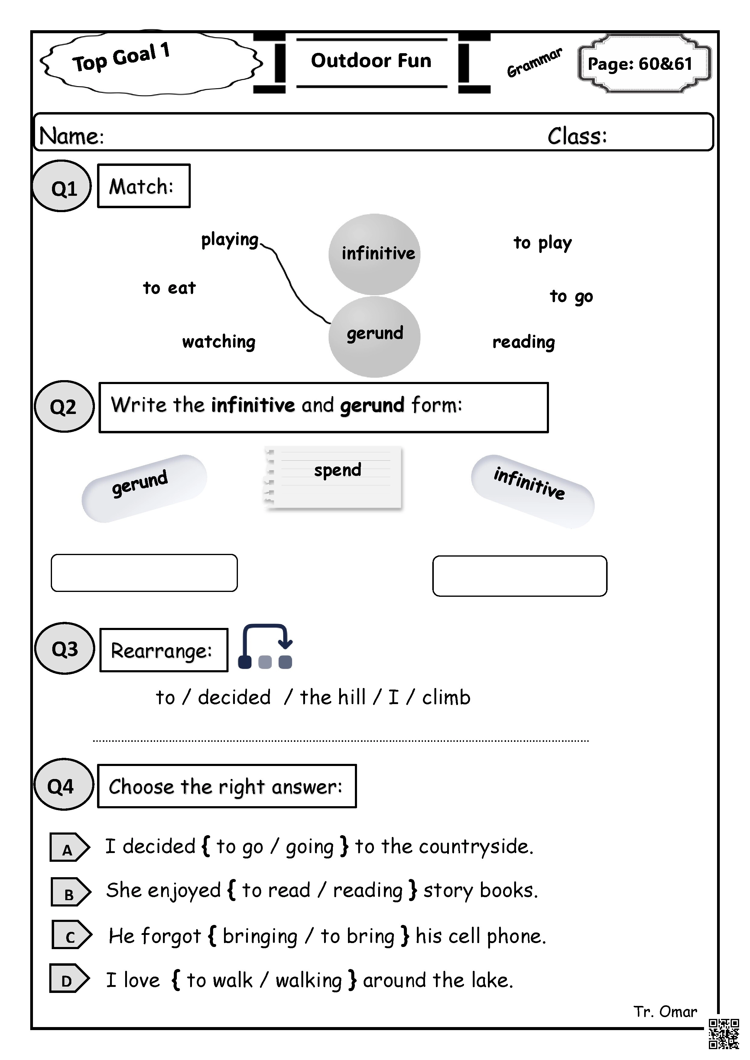 ورقة عمل لقواعد المصدر والصفة المشتقة من الوحدة الخامسة سلسلة Top Goal 1 - لغة انجليزية - الصف الصف الرابع - الفصل الفصل الثاني
