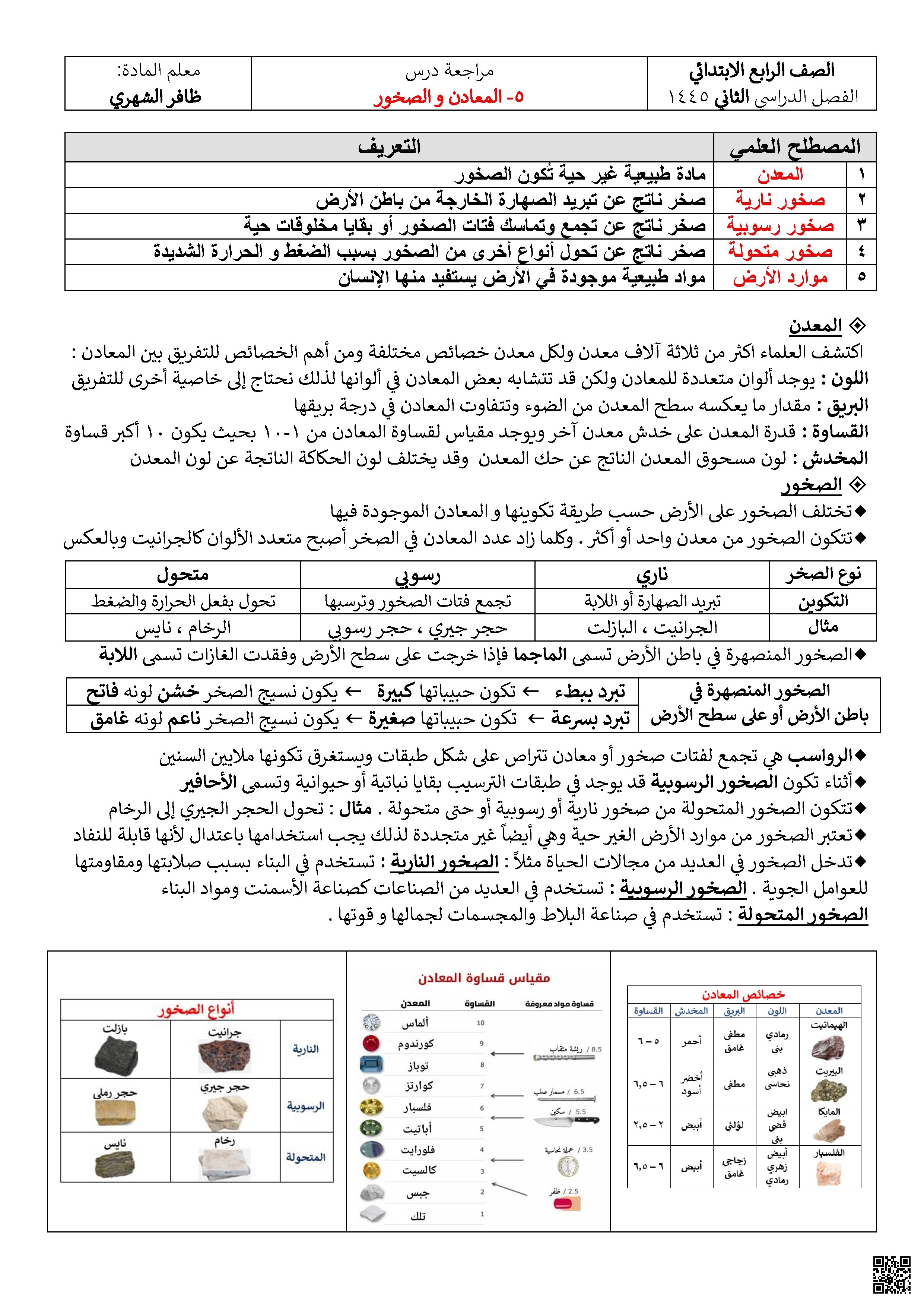 مراجعة درس المعادن والصخور أنواعها وخصائصها واستخداماتها في حياتنا - علوم - الصف الصف الرابع - الفصل الفصل الثاني