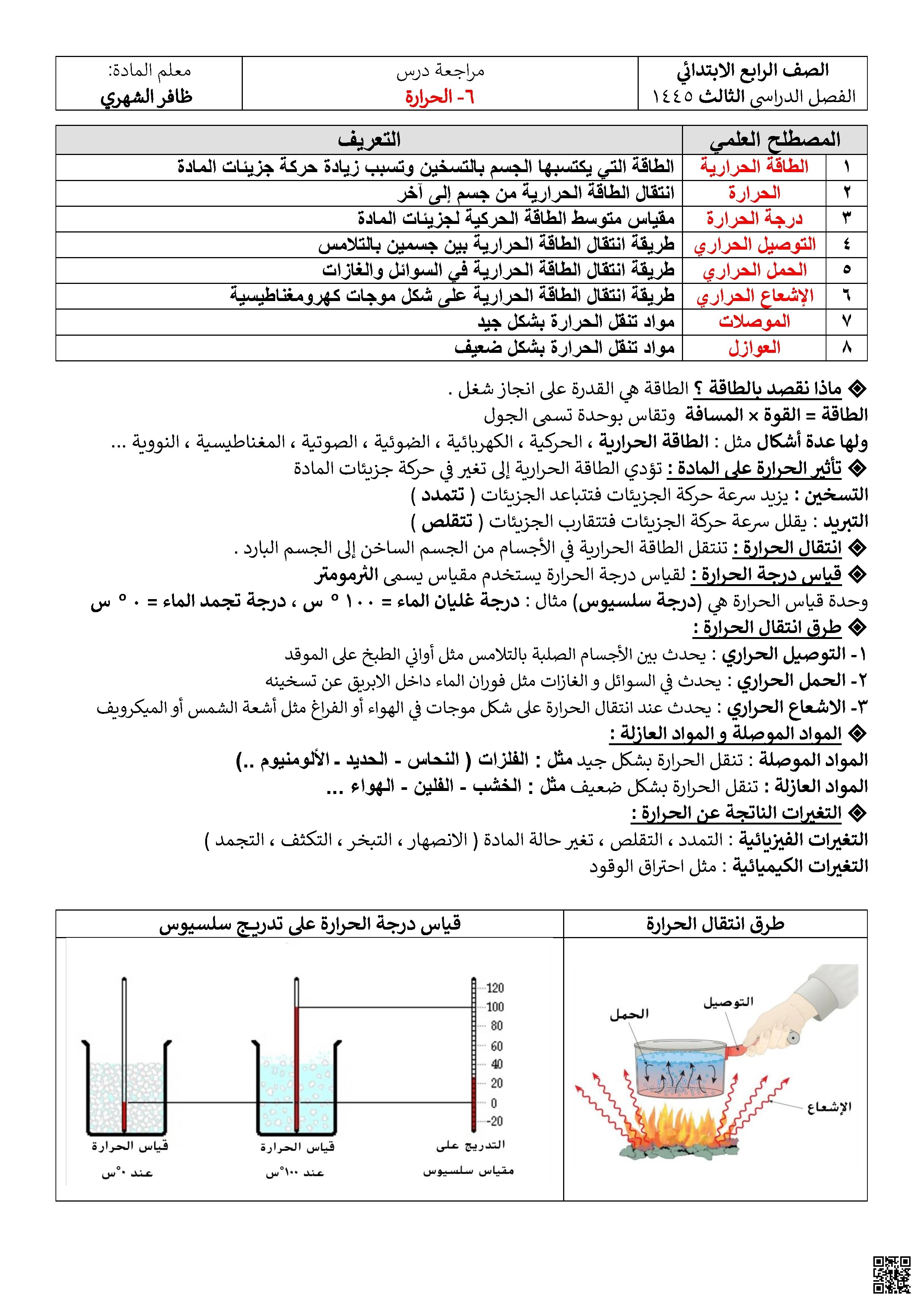 مراجعة درس الحرارة وطرق انتقالها وتأثيرها على المواد - علوم - الصف الصف الرابع - الفصل الفصل الثاني