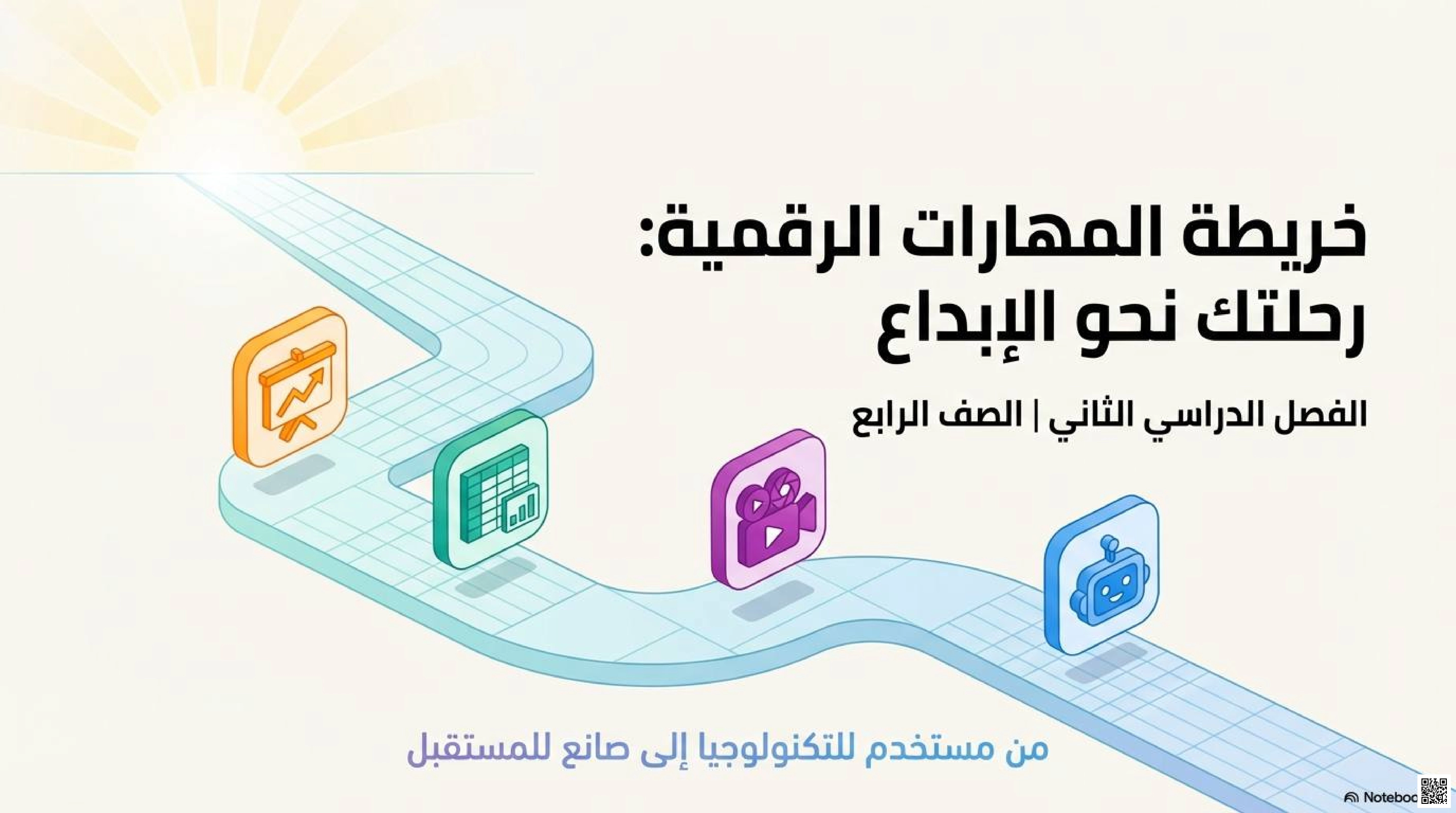 لقاء وتهيئة رحلة المستكشف الرقمي يضم وحدات فن العروض التقديمية وتصميم الشرائح وإدراج الصور والفيديو والعمل على الأرقام باستخدام برنامج إكسل واستخدام الوسائط المتعددة لتحسين الصور ومقدمة في علم الروبوت - المهارات الرقمية - الصف الصف الرابع - الفصل الفصل الثاني