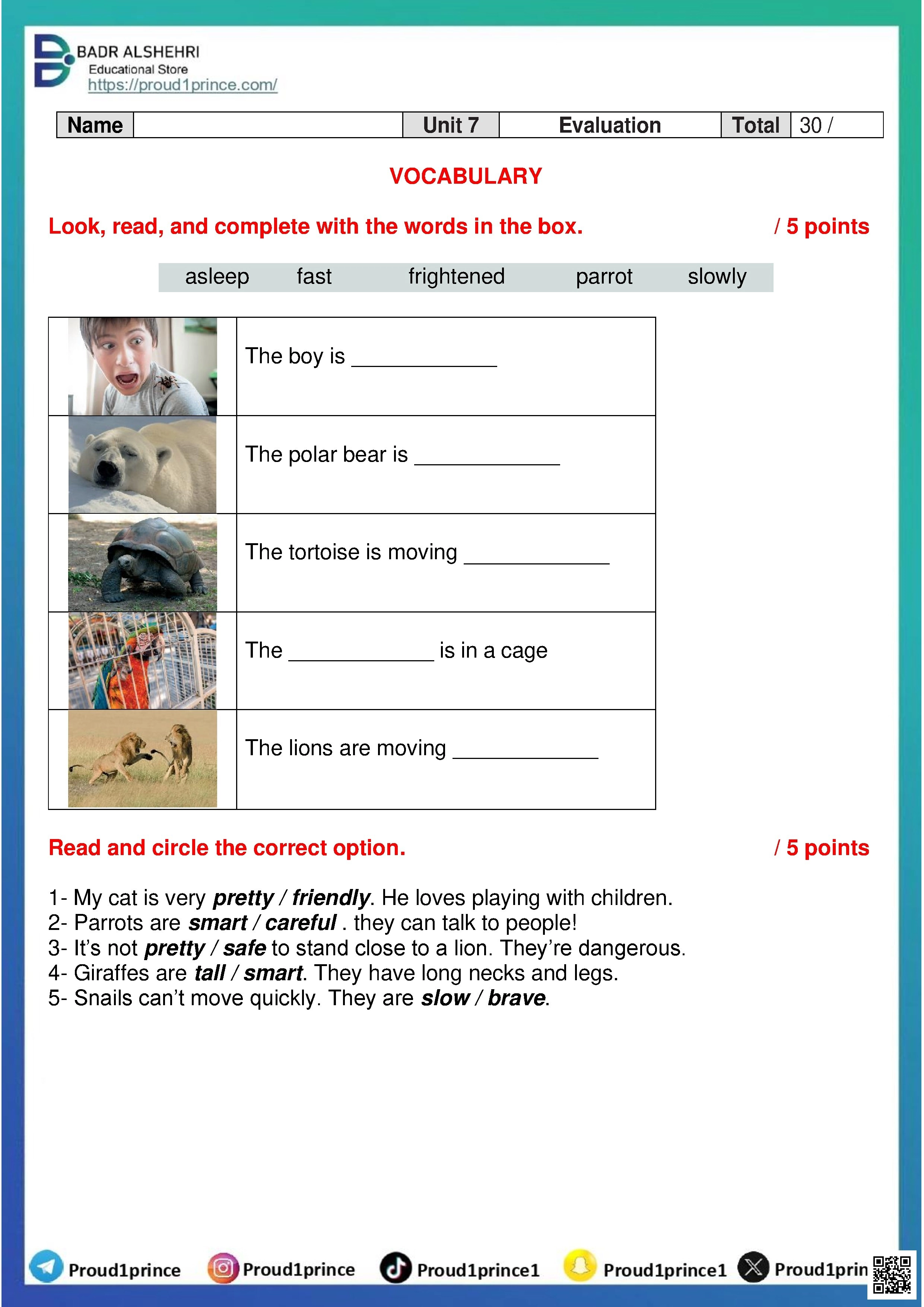 تقييم الوحدة السابعة نموذج تدريبي مفردات قواعد قراءة 2025-2026م - لغة انجليزية - الصف الصف الرابع - الفصل الفصل الثاني