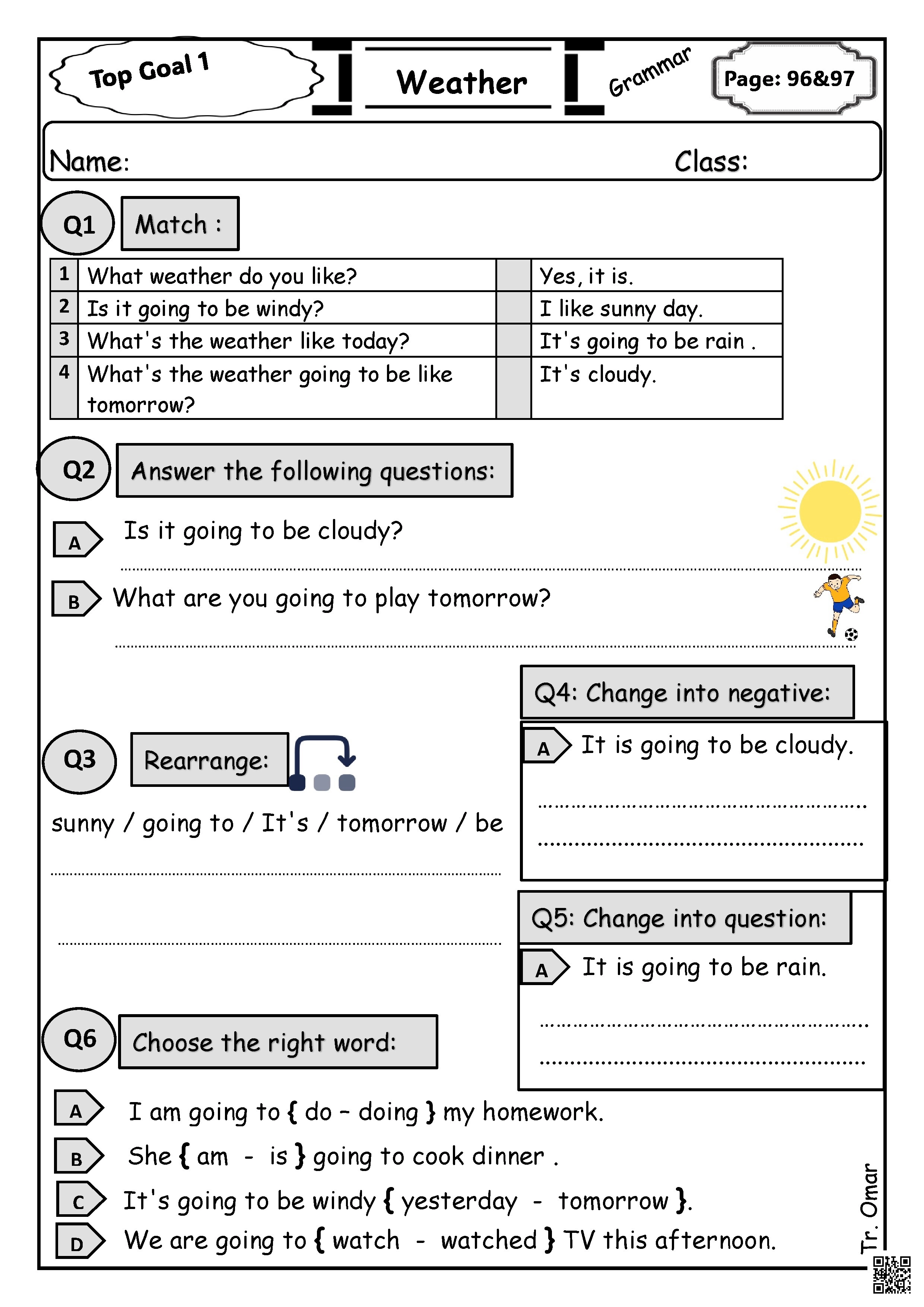 ملخص ورقة عمل الطقس والمستقبل البسيط Top Goal1  صفحة 96 و97