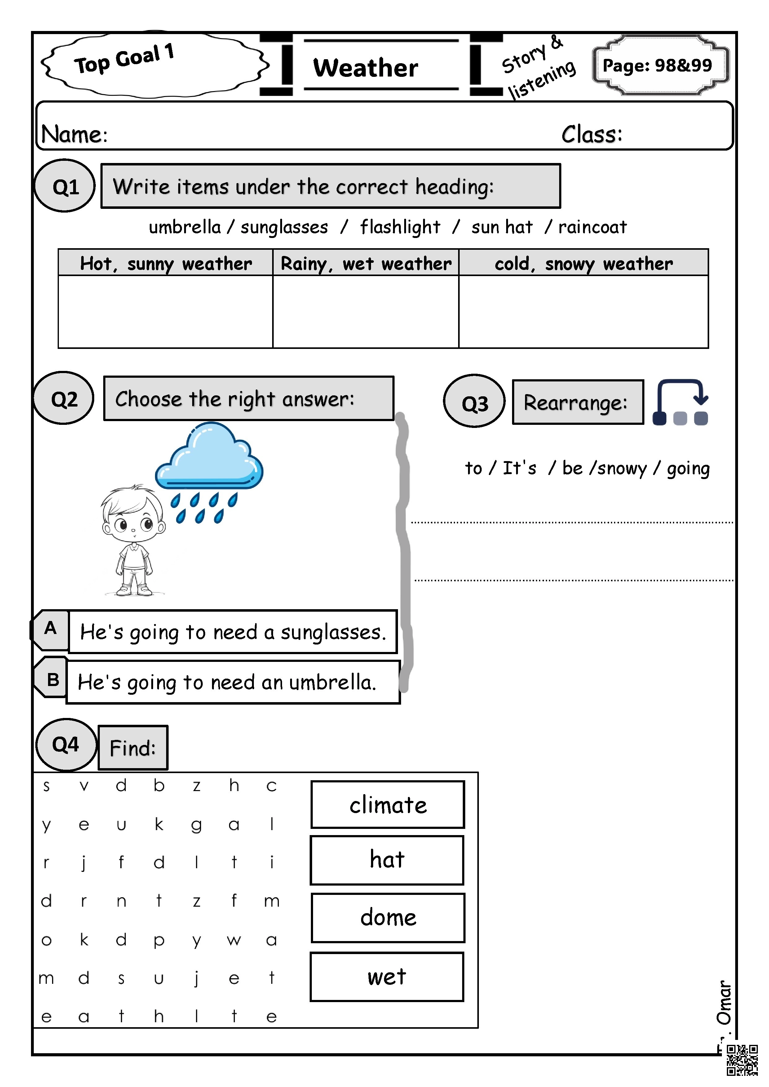 تحليل ورقة عمل الطقس من كتاب Top Goal 1