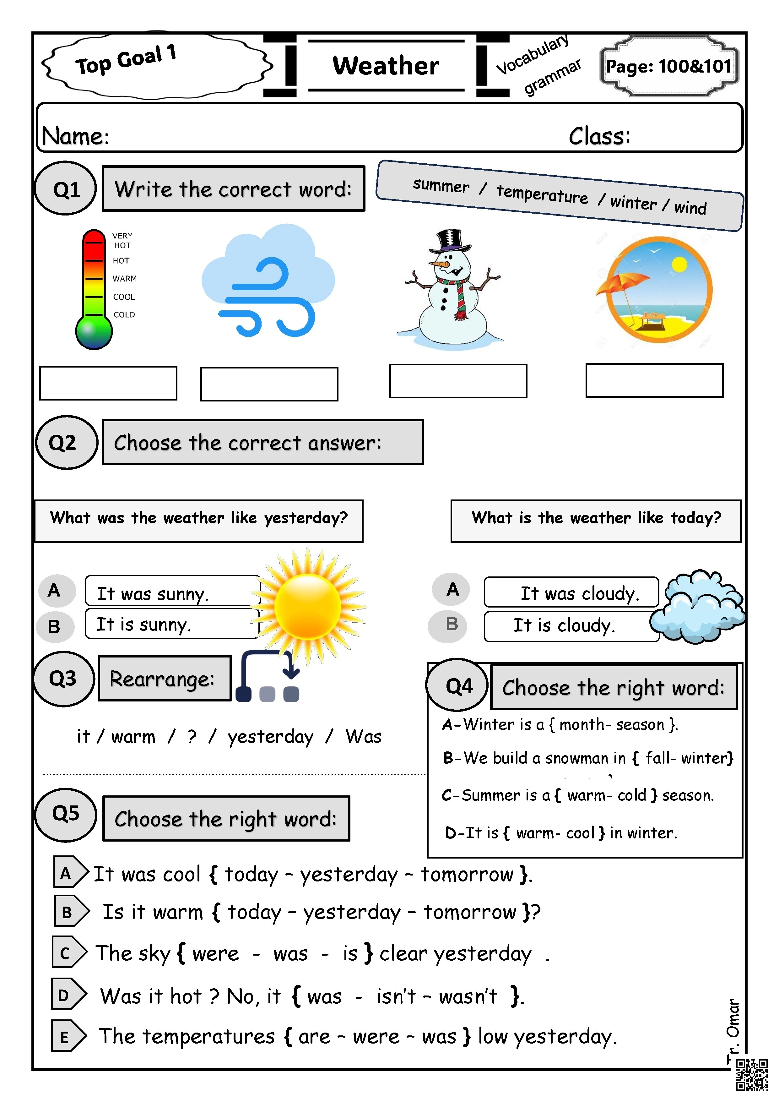 صفحتي التدريبات 100 و101 من كتاب Top Goal 1 الوحدة الثامنة الطقس أو الملابس