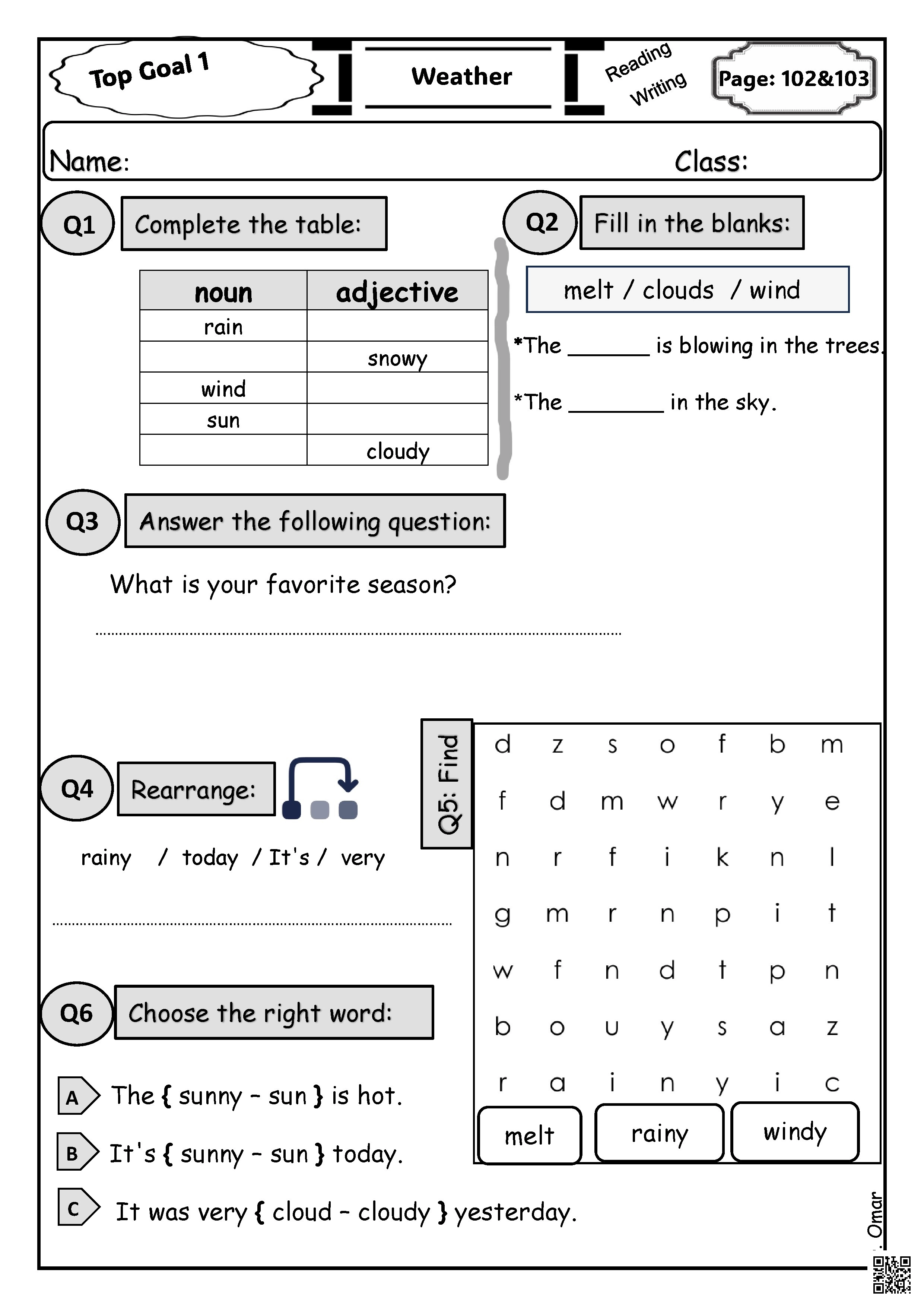 محتوى صفحتي التدريبات 102 و103 من وحدة الطقس