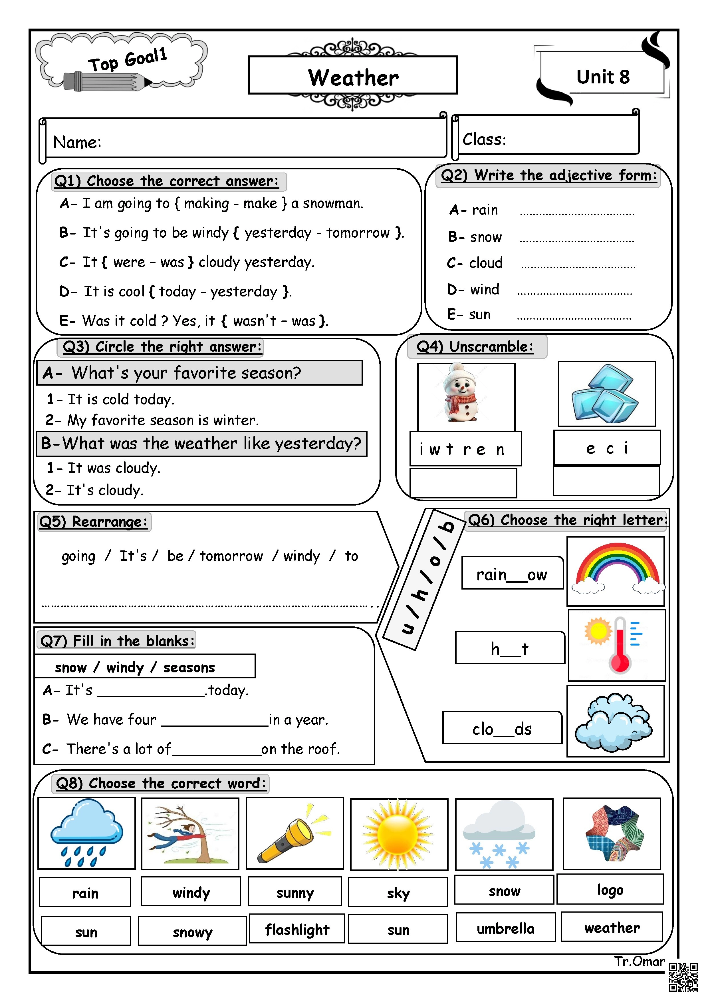 ملخص ورقة عمل الوحدة الثامنة الطقس