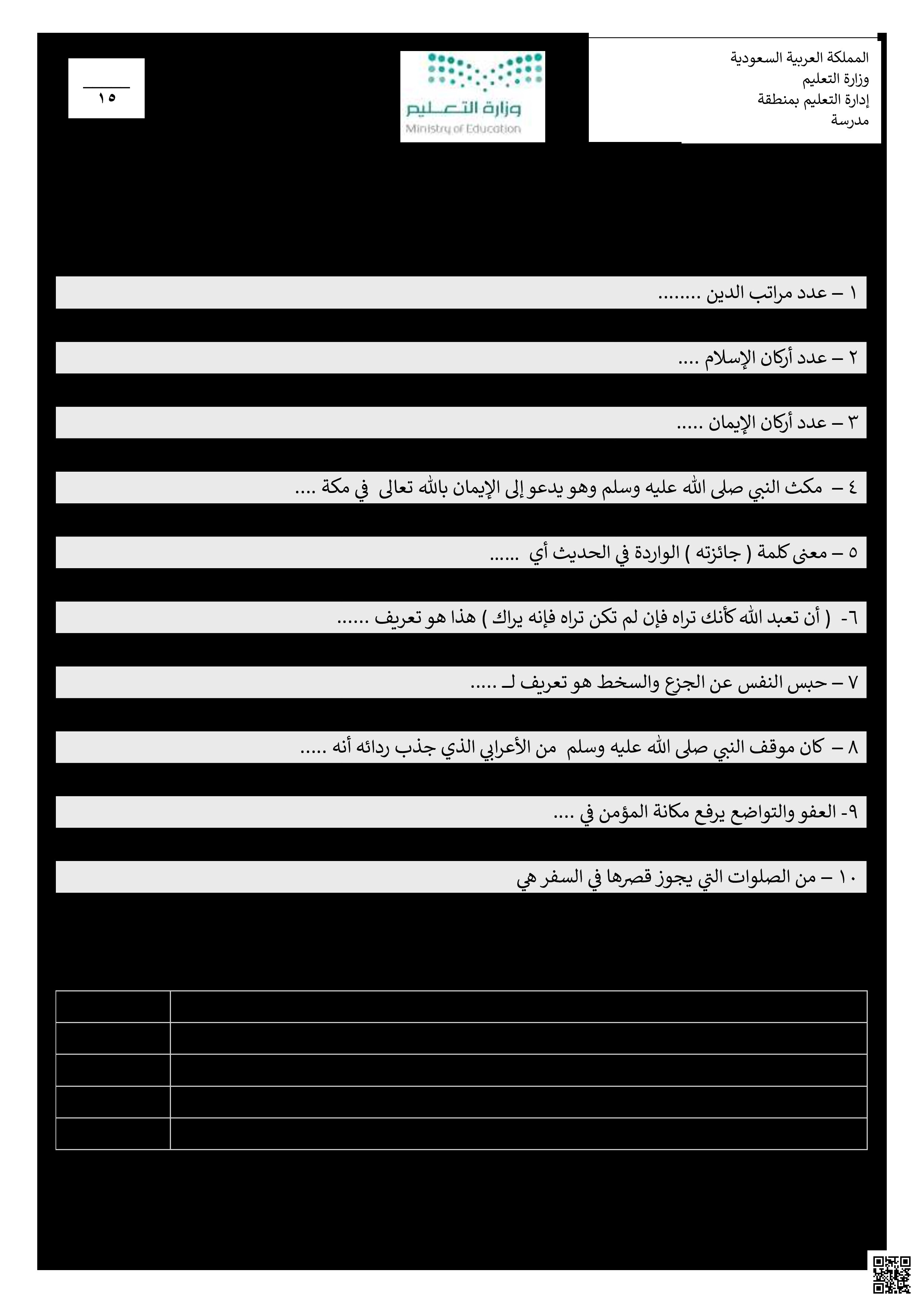 نماذج اختبارات فترية منتصف الفصل - دراسات اسلامية - الصف الصف الخامس - الفصل الفصل الثالث
