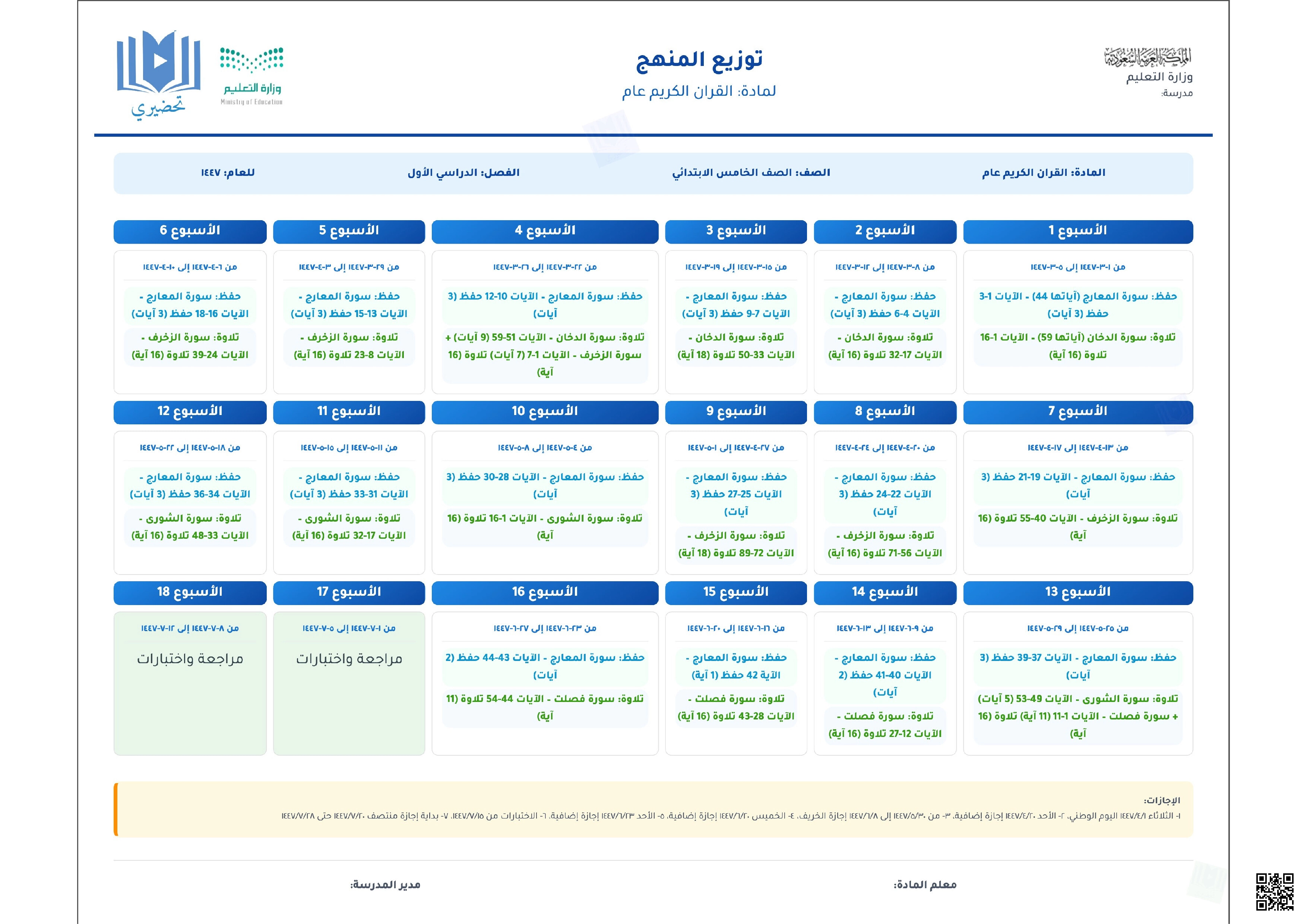 العنوان
توزيع منهج القرآن الكريم العام للصف الخامس الابتدائي - لغة انجليزية - الصف الصف الخامس - الفصل الفصل الأول