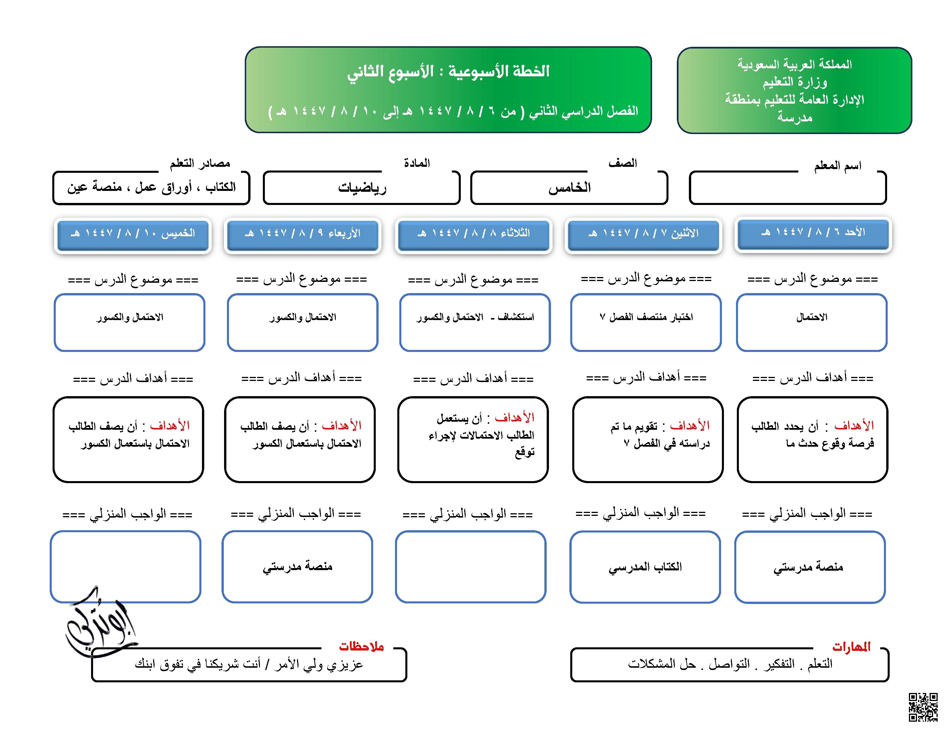 ورقة خطة الأسبوع الثاني - رياضيات - الصف الصف الخامس - الفصل الفصل الثاني