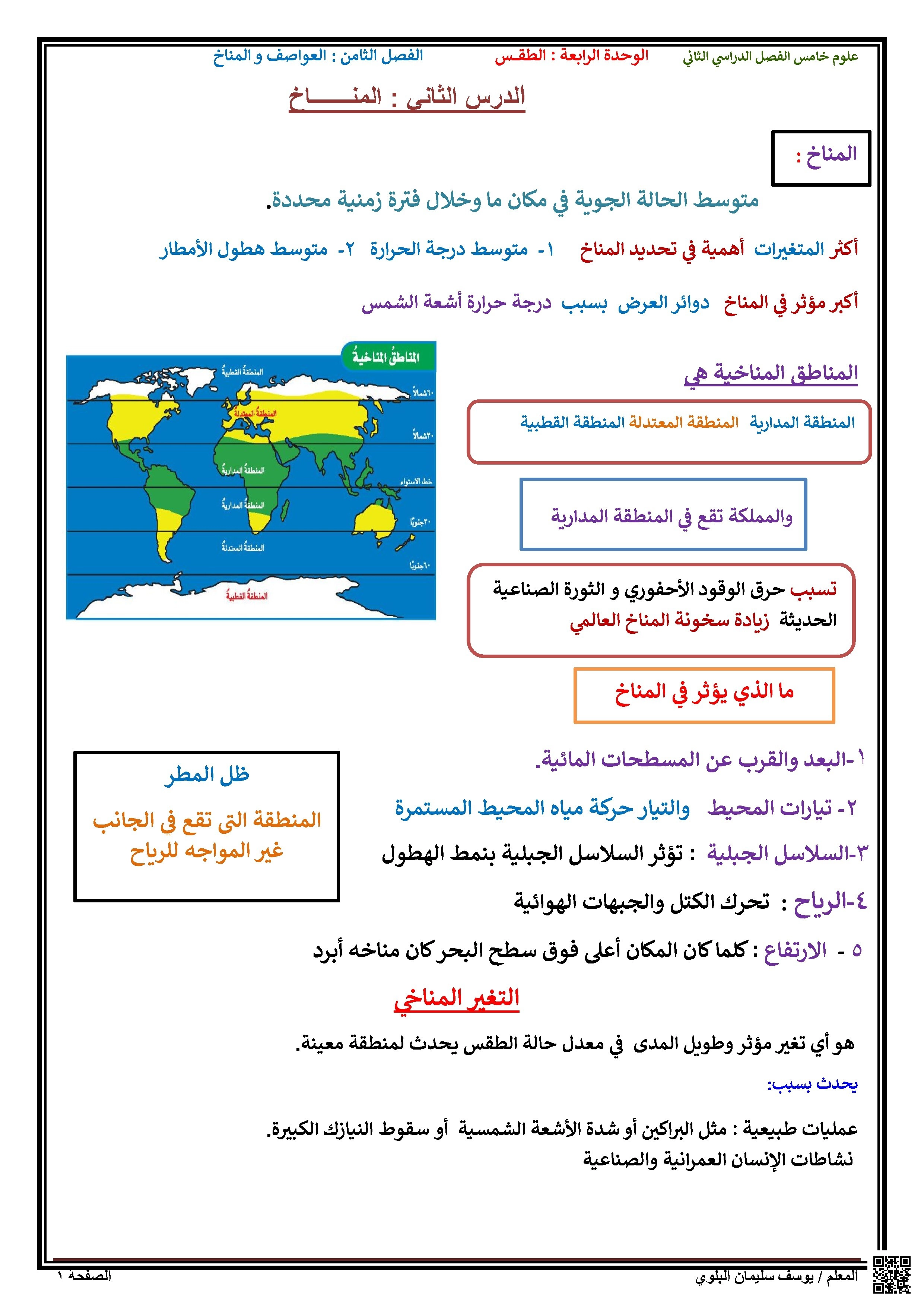 الوحدة الرابعة الطقس درس المناخ وعوامله وتأثير التغير المناخي - علوم - الصف الصف الخامس - الفصل الفصل الثاني