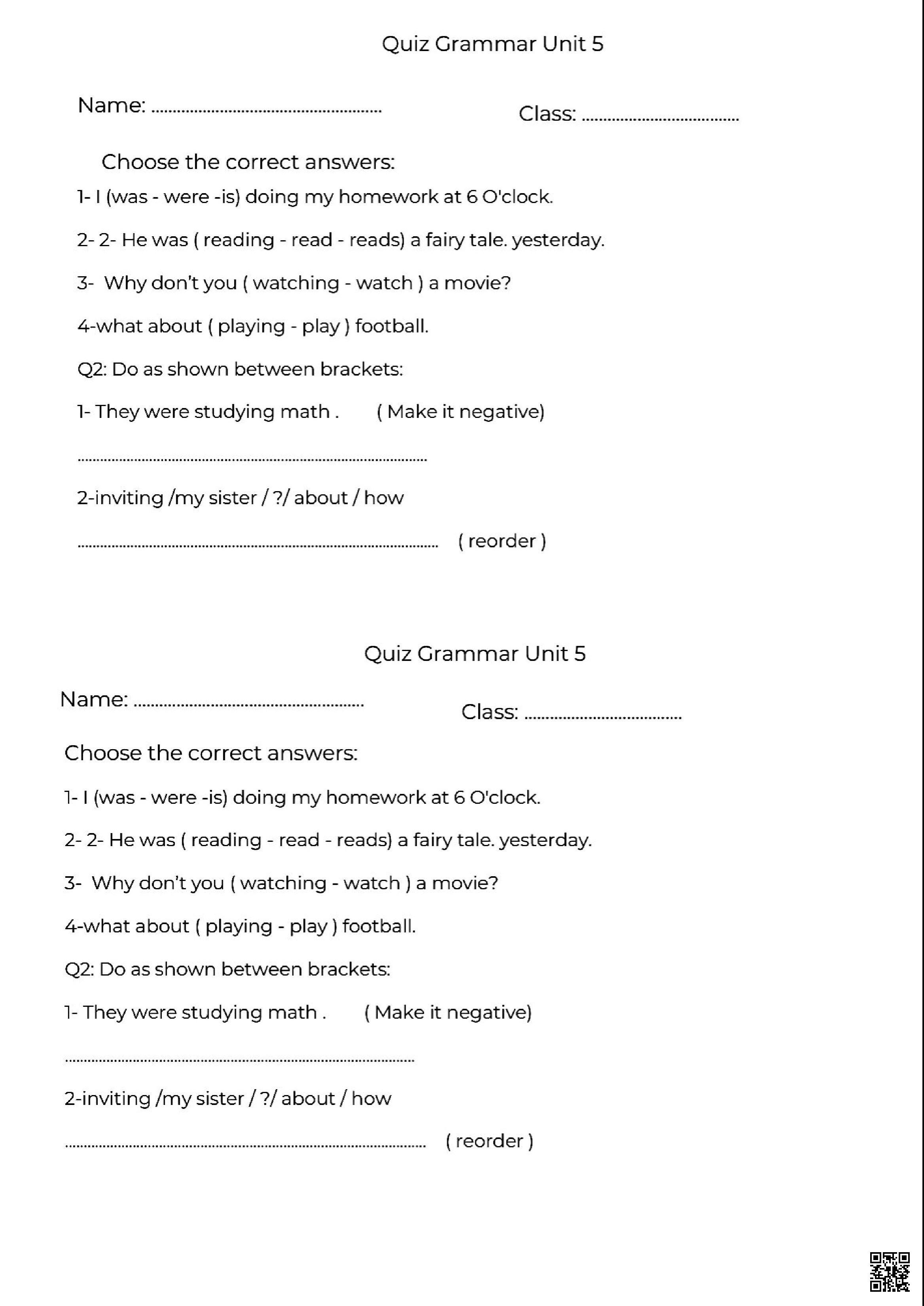 اختبار قصير في قواعد الوحدة الخامسة - لغة انجليزية - الصف الصف الخامس - الفصل الفصل الثاني