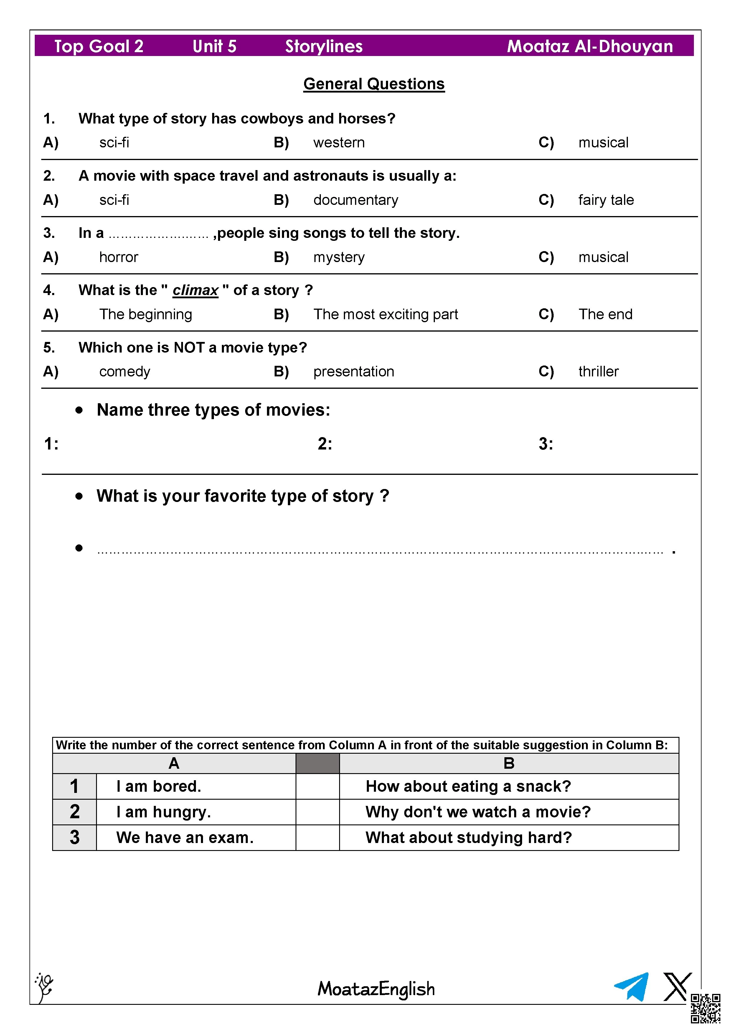 اختبار شامل لمراجعة الوحدة الخامسة غير محلول - لغة انجليزية - الصف الصف الخامس - الفصل الفصل الثاني