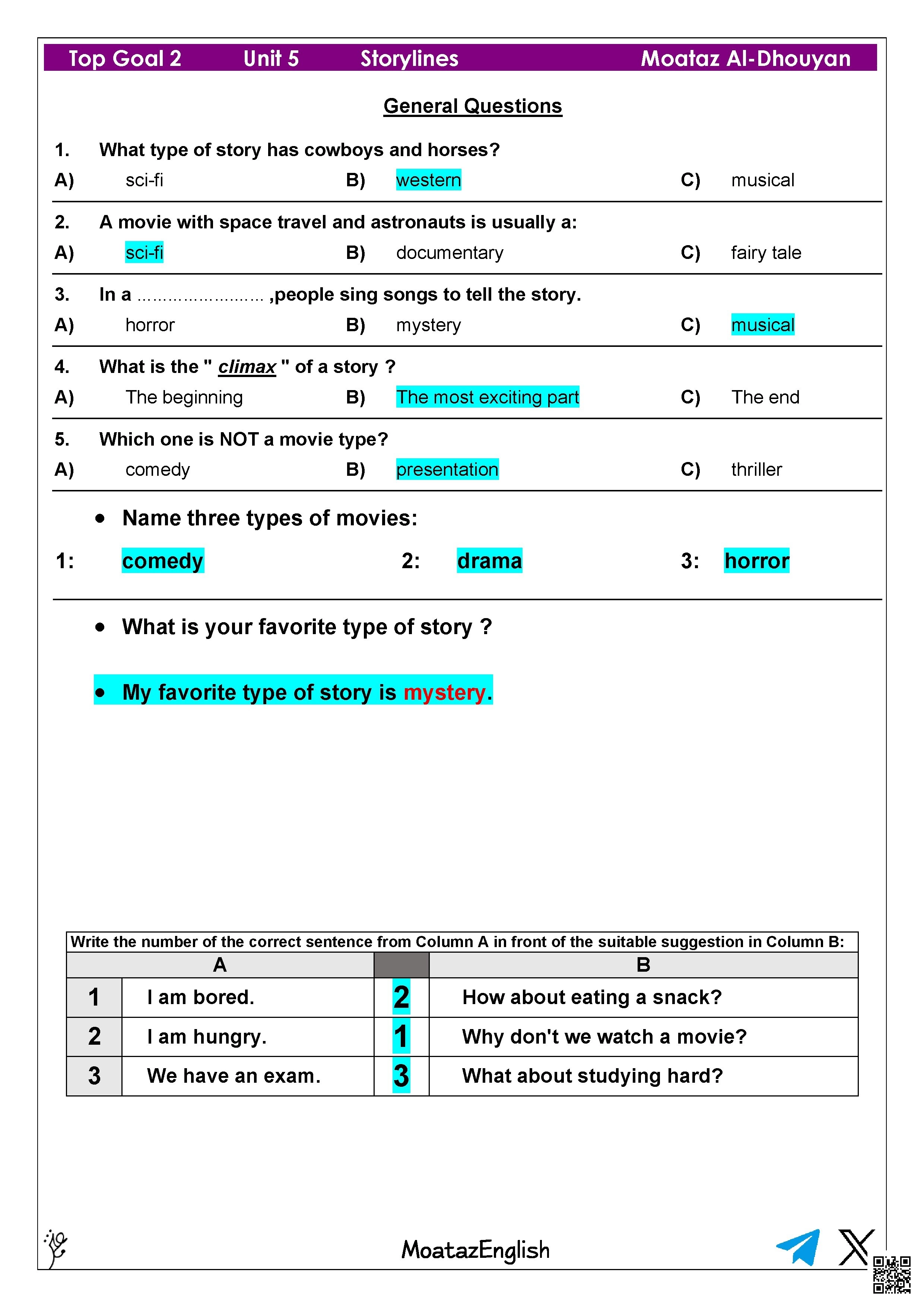 إجابة اختبار شامل لمراجعة الوحدة الخامسة - لغة انجليزية - الصف الصف الخامس - الفصل الفصل الثاني
