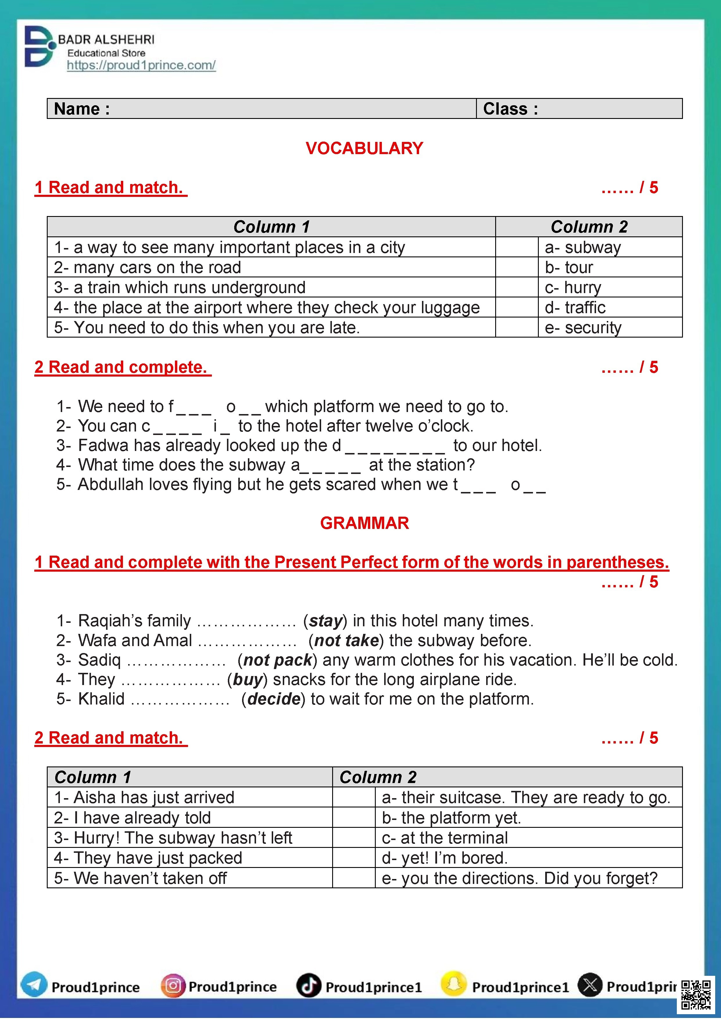 تقييم الوحدة السابعة نموذج تدريبي مفردات قواعد قراءة 2025-2026م - لغة انجليزية - الصف الصف الخامس - الفصل الفصل الثاني