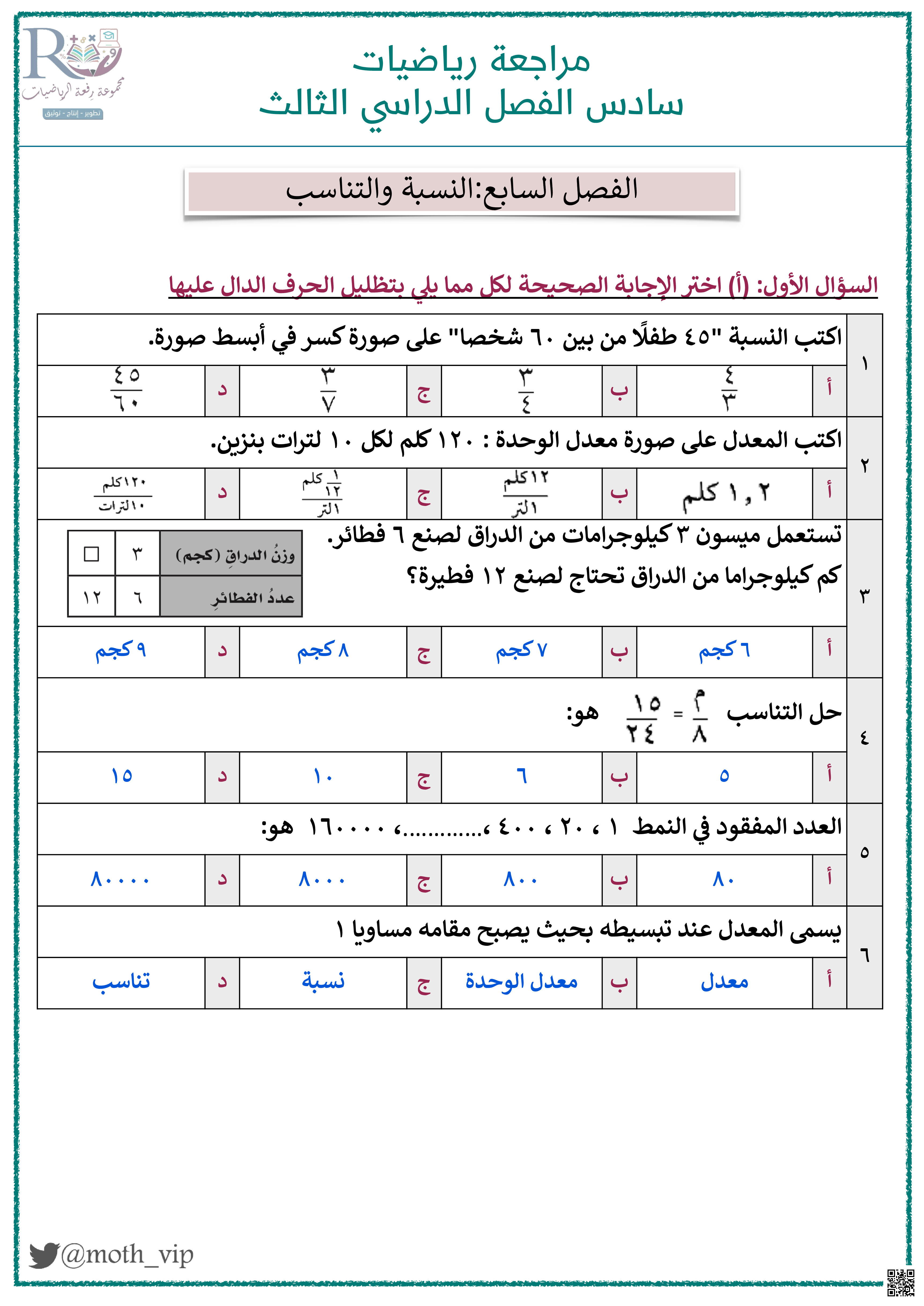 مراجعة شاملة لفصول منهج الفصل الثالث - رياضيات - الصف الصف السادس - الفصل الفصل الثالث