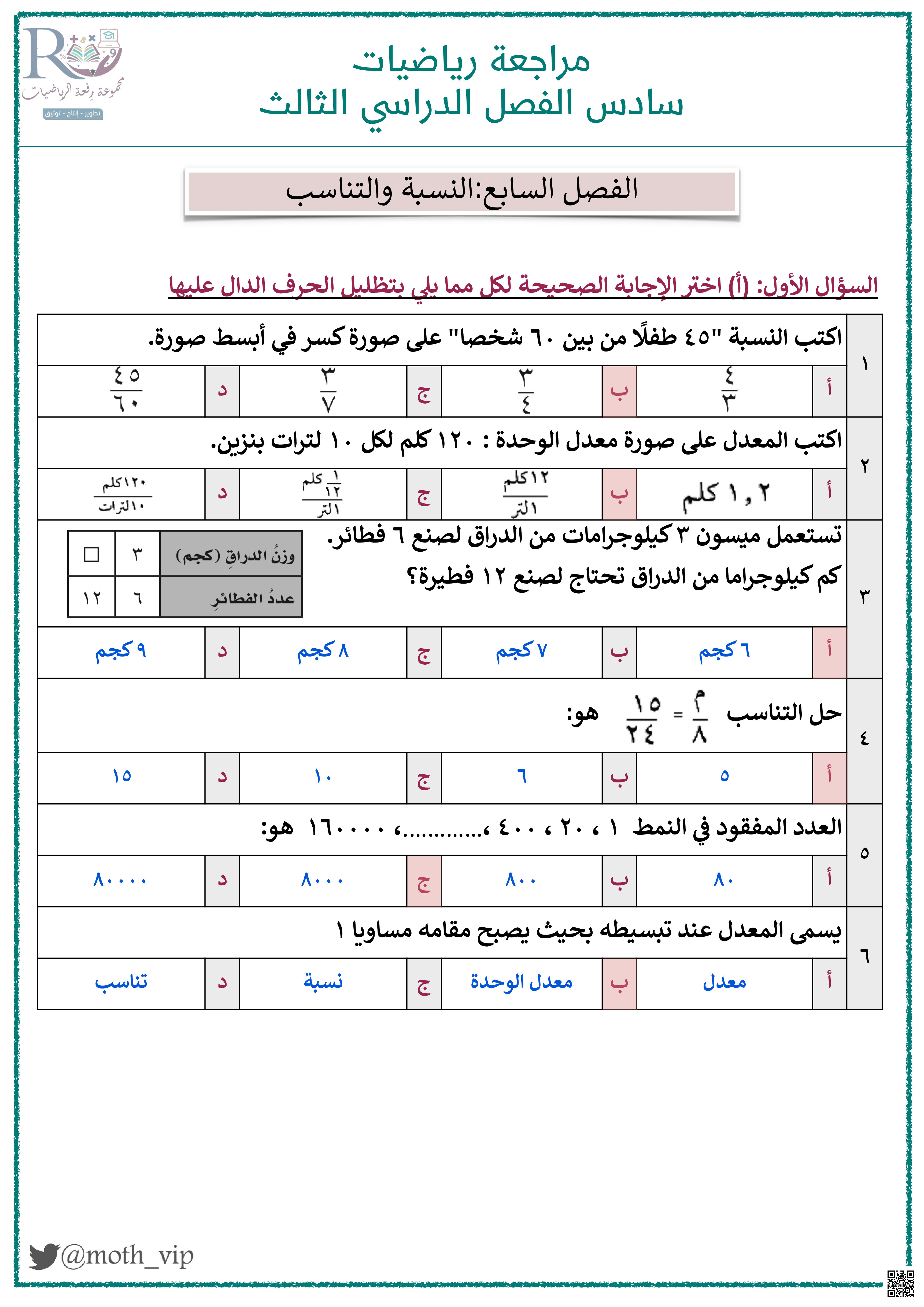 إجابة المراجعة الشاملة لفصول المنهج - رياضيات - الصف الصف السادس - الفصل الفصل الثالث