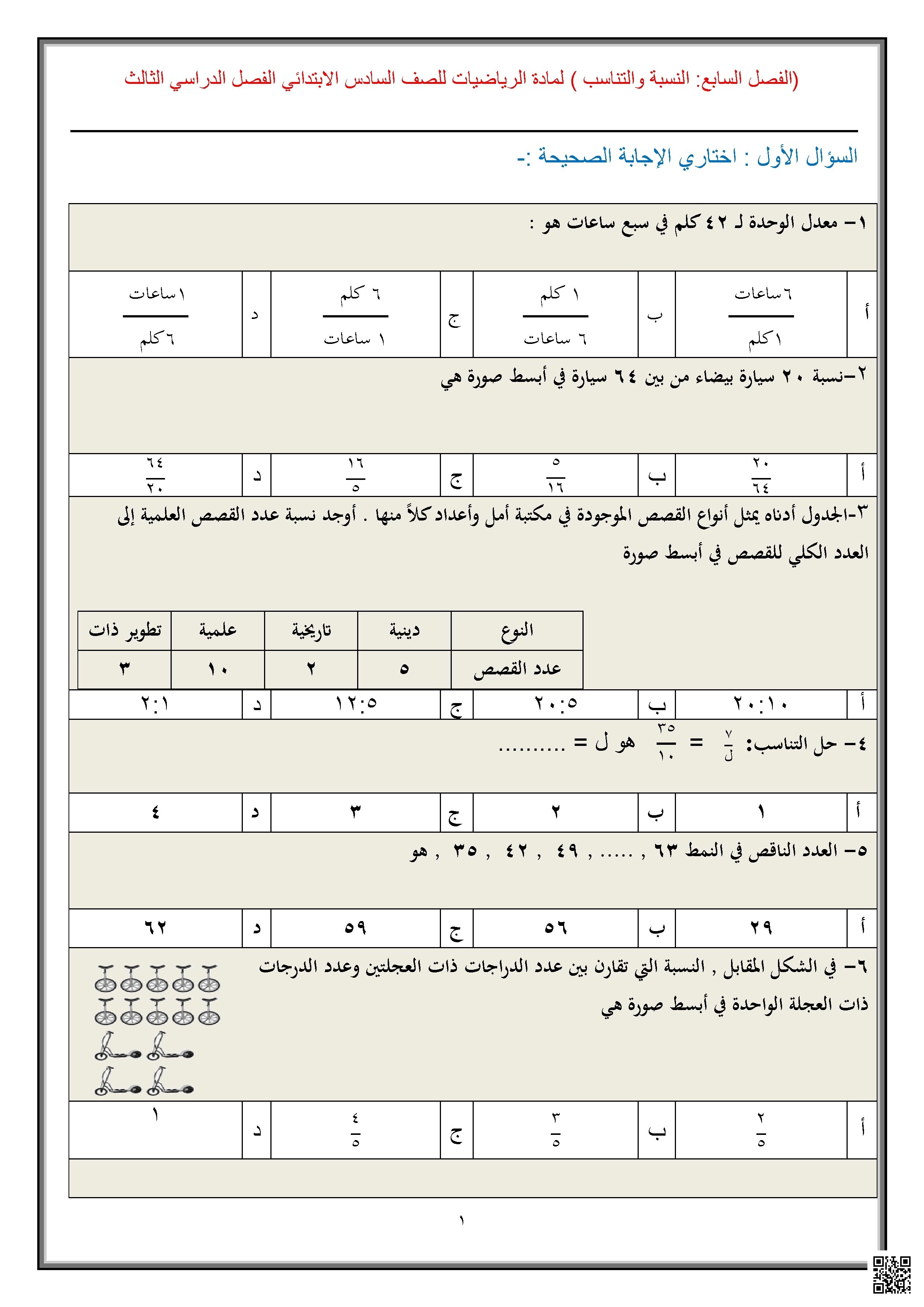 تمارين واختبارات درس النسبة والتناسب - رياضيات - الصف الصف السادس - الفصل الفصل الأول