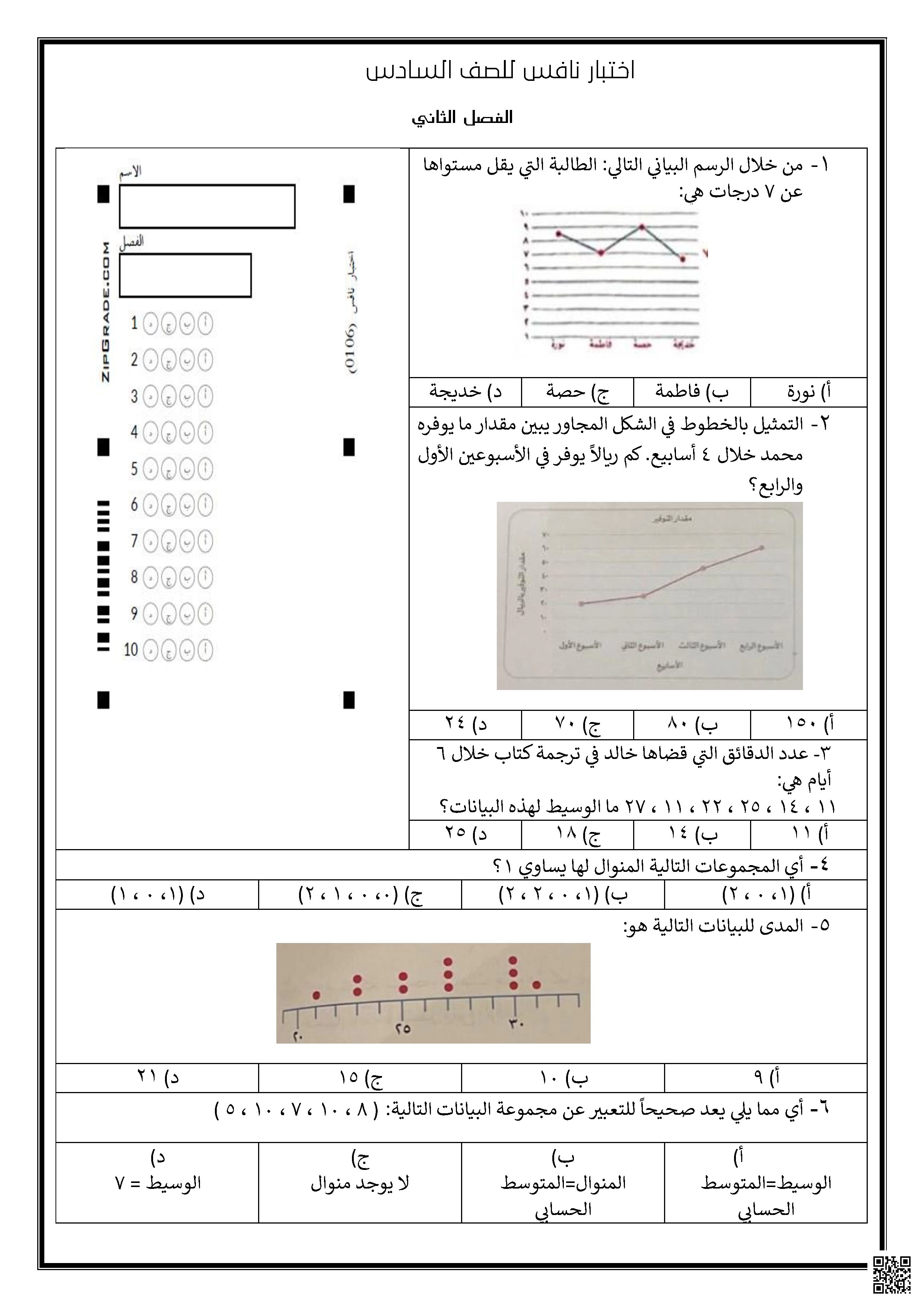 اختبار نافس للصف السادس الفصل الدراسي الثاني - رياضيات - الصف الصف السادس - الفصل الفصل الأول