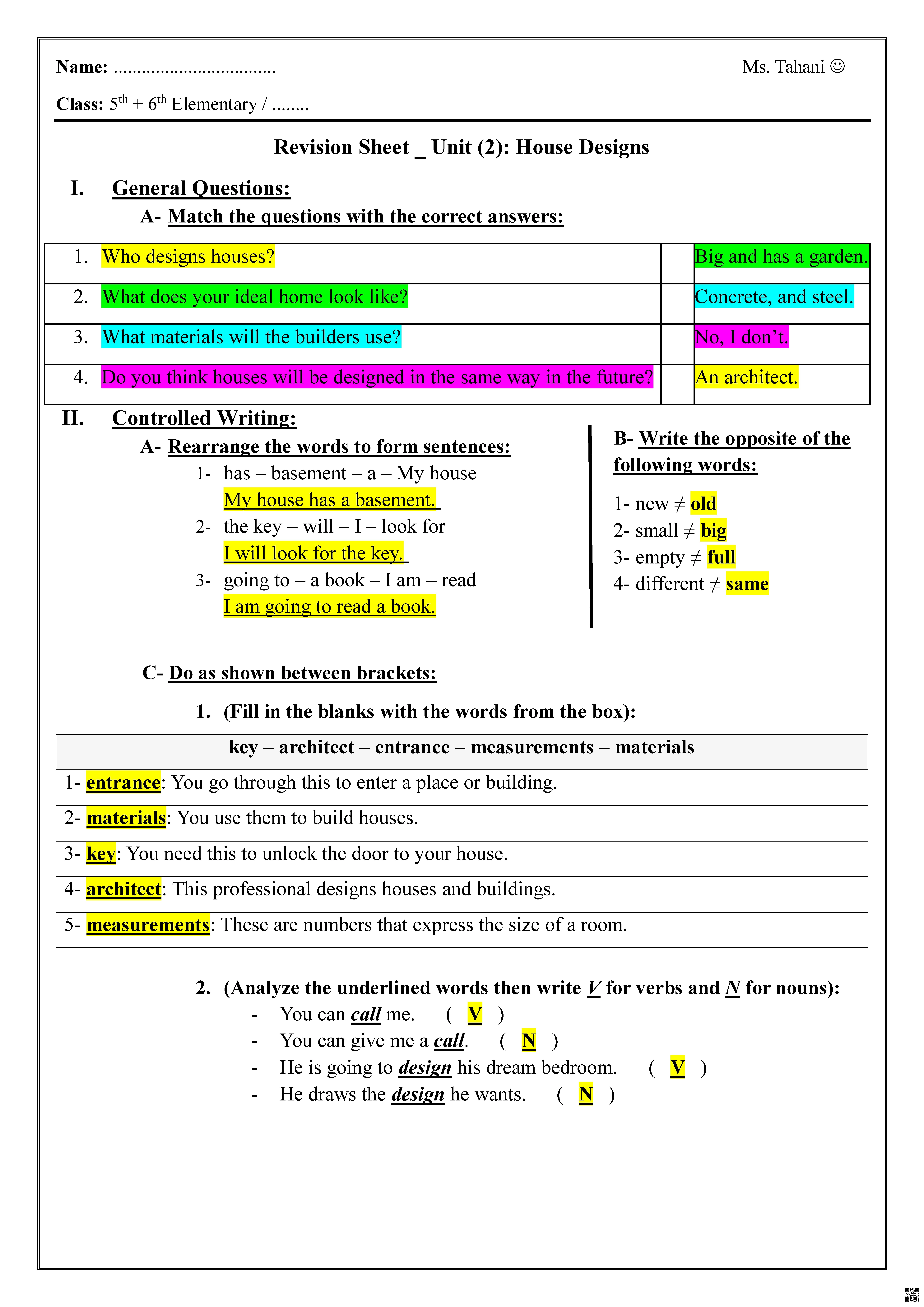 إجابة ورقة عمل الوحدة الثانية تصميم المنازل للمرحلة الابتدائية - لغة انجليزية - الصف الصف السادس - الفصل الفصل الأول