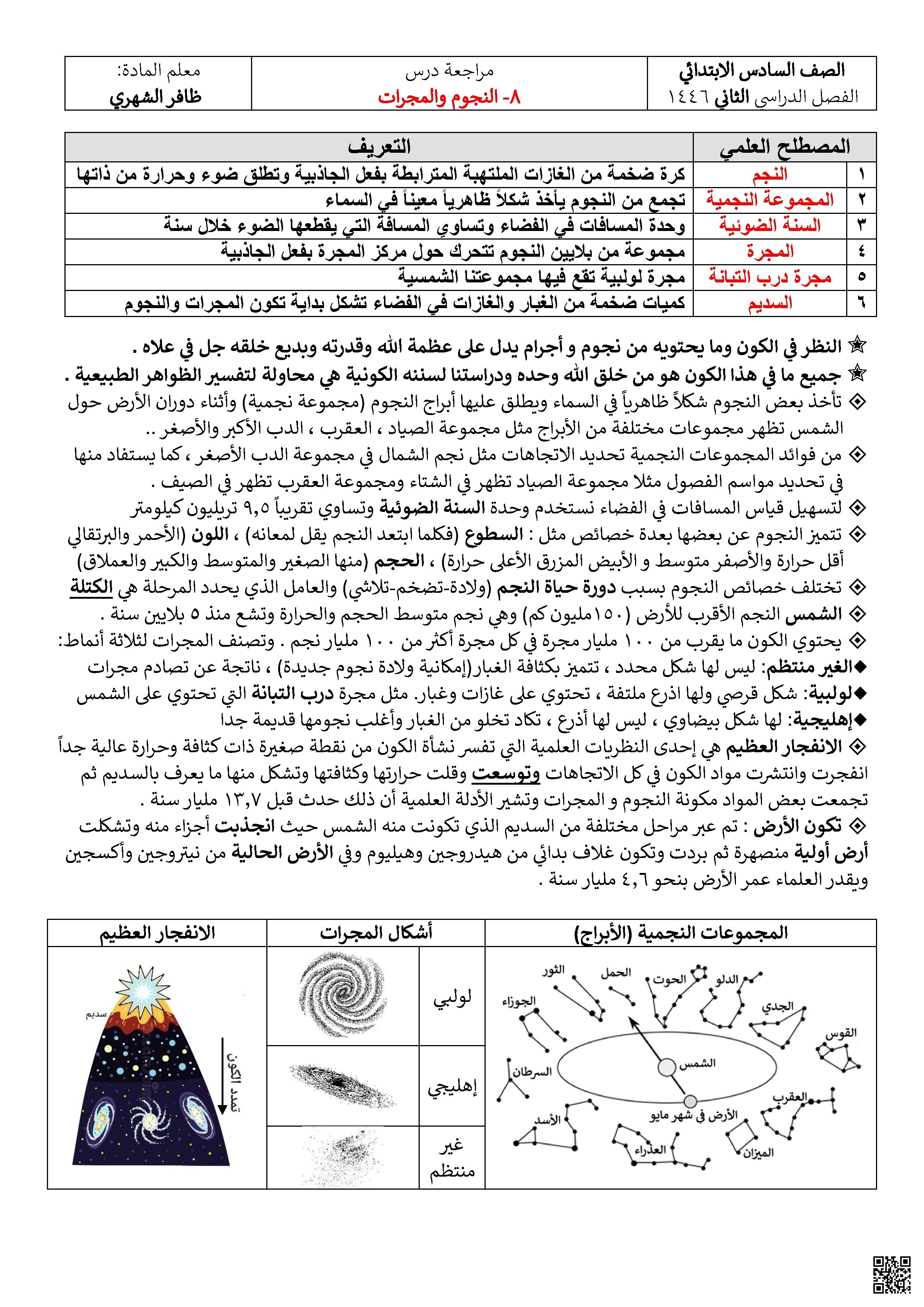 مراجعة درس النجوم والمجرات - علوم - الصف الصف السادس - الفصل الفصل الثاني