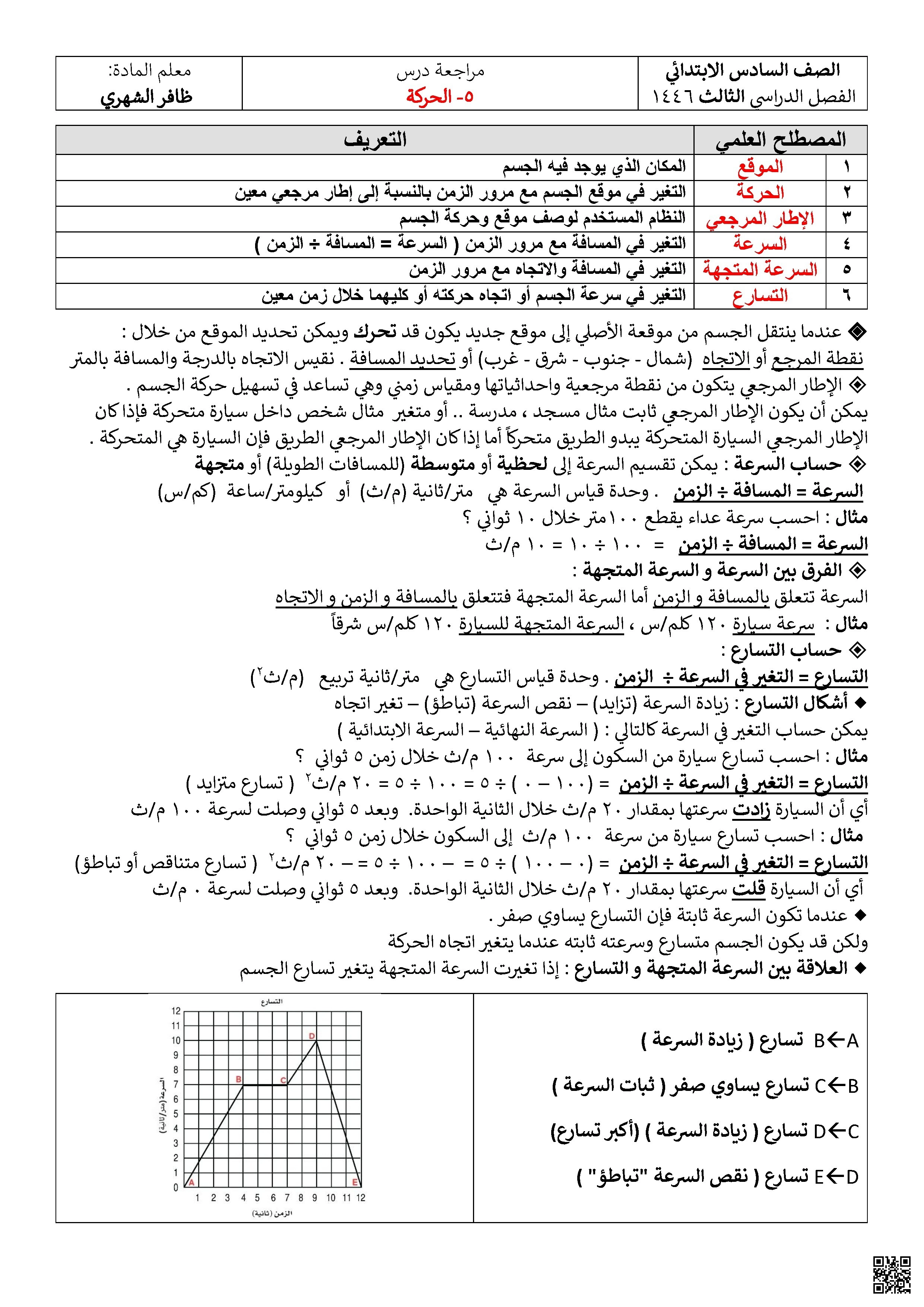 مراجعة درس الحركة - علوم - الصف الصف السادس - الفصل الفصل الثاني