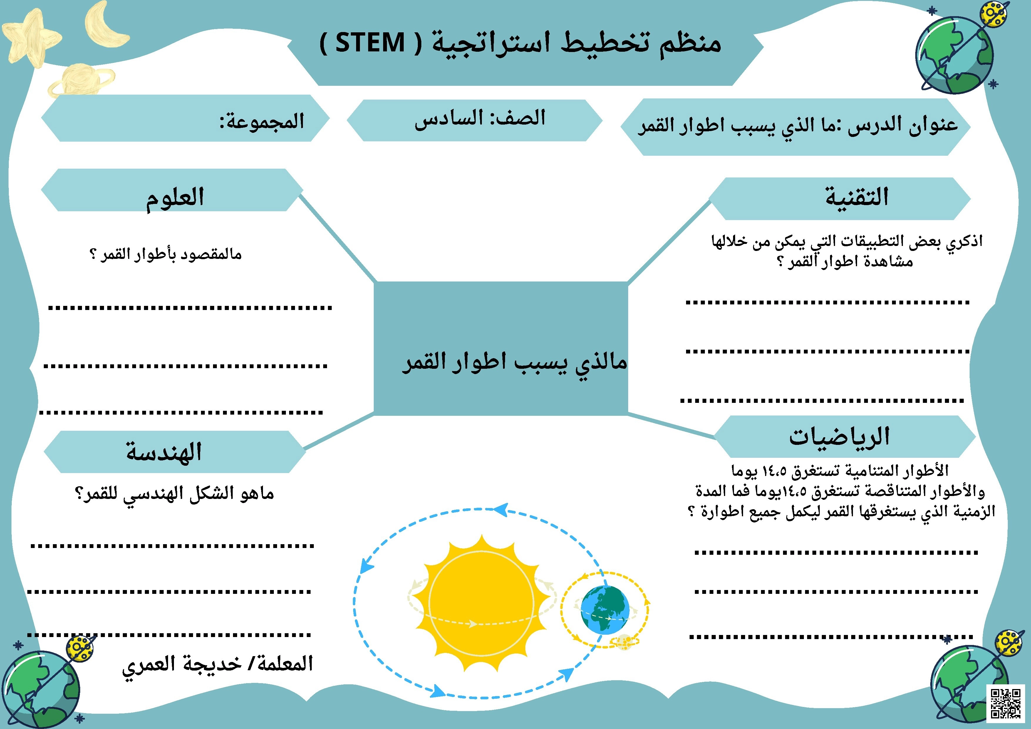 منظم تخطيط استراتيجية STEM لدرس أطوار القمر - علوم - الصف الصف السادس - الفصل الفصل الثاني