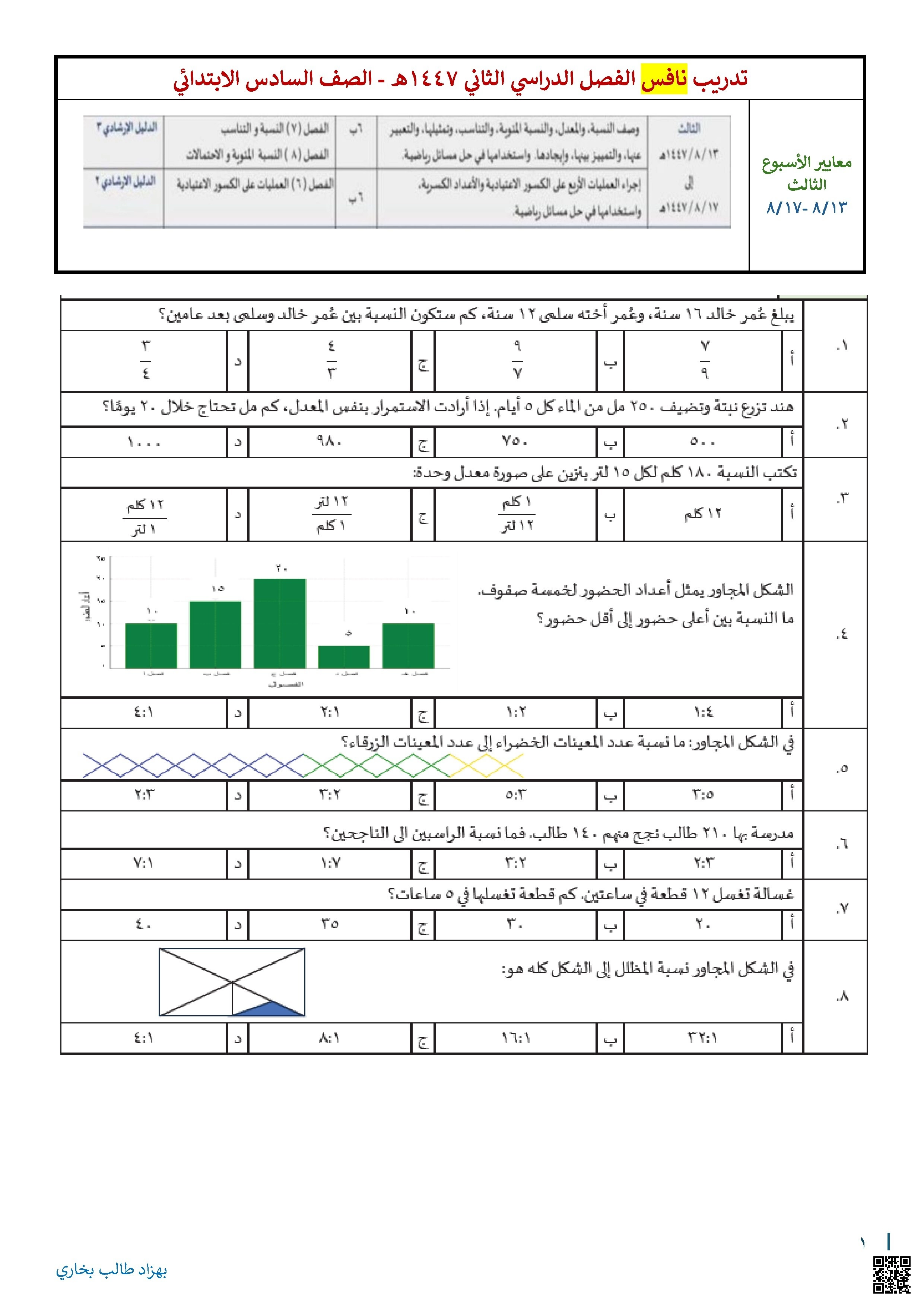 مراجعة الفصل العاشر المحيط والمساحة والحجم غير محلول - رياضيات - الصف الصف السادس - الفصل الفصل الثاني