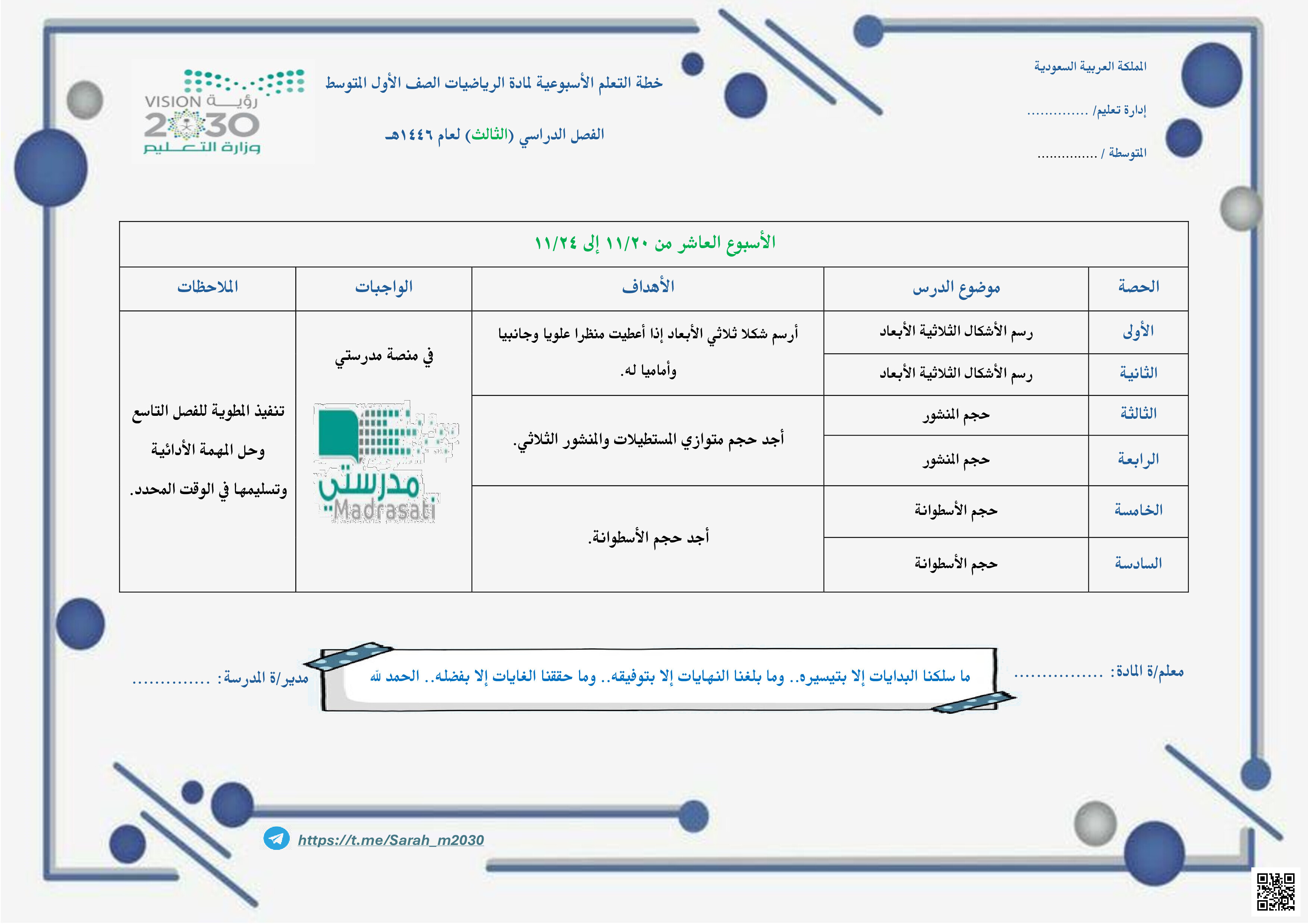 الخطة الأسبوعية للأسبوع العاشر - رياضيات - الصف الصف الأول المتوسط - الفصل الفصل الثالث