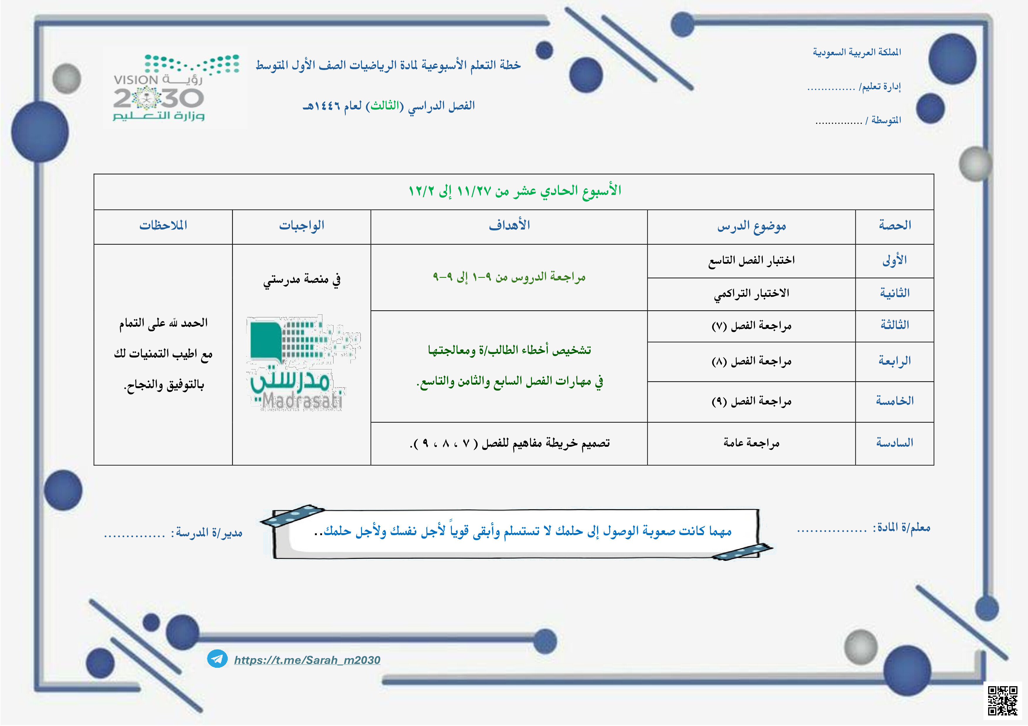 الخطة التعلمية للأسبوع الحادي عشر 1446ه‍ - رياضيات - الصف الصف الأول المتوسط - الفصل الفصل الثالث