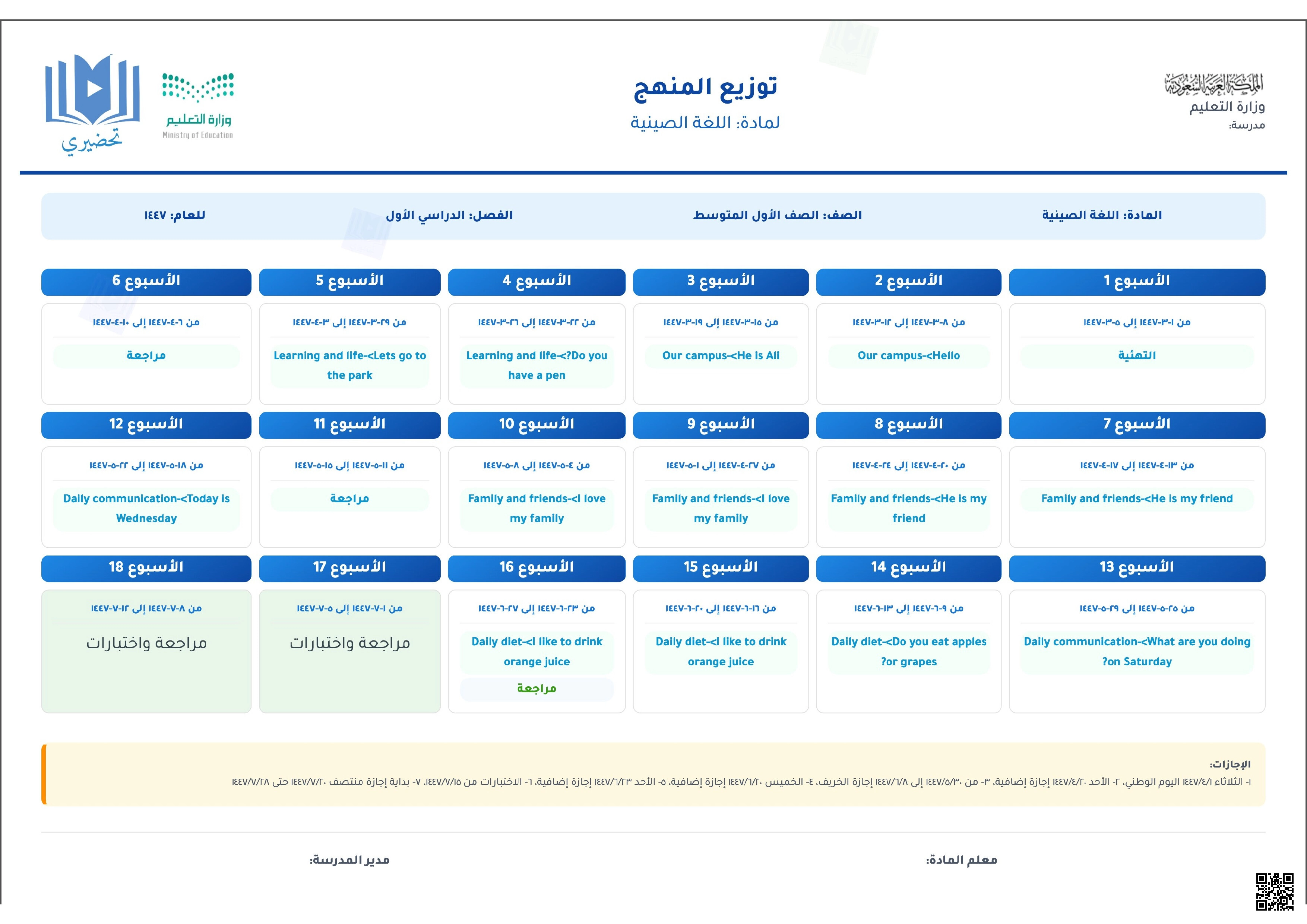 توزيع منهج اللغة الصينية للصف الأول المتوسط 1447 هجري - تربية فنية - الصف الصف الأول المتوسط - الفصل الفصل الأول