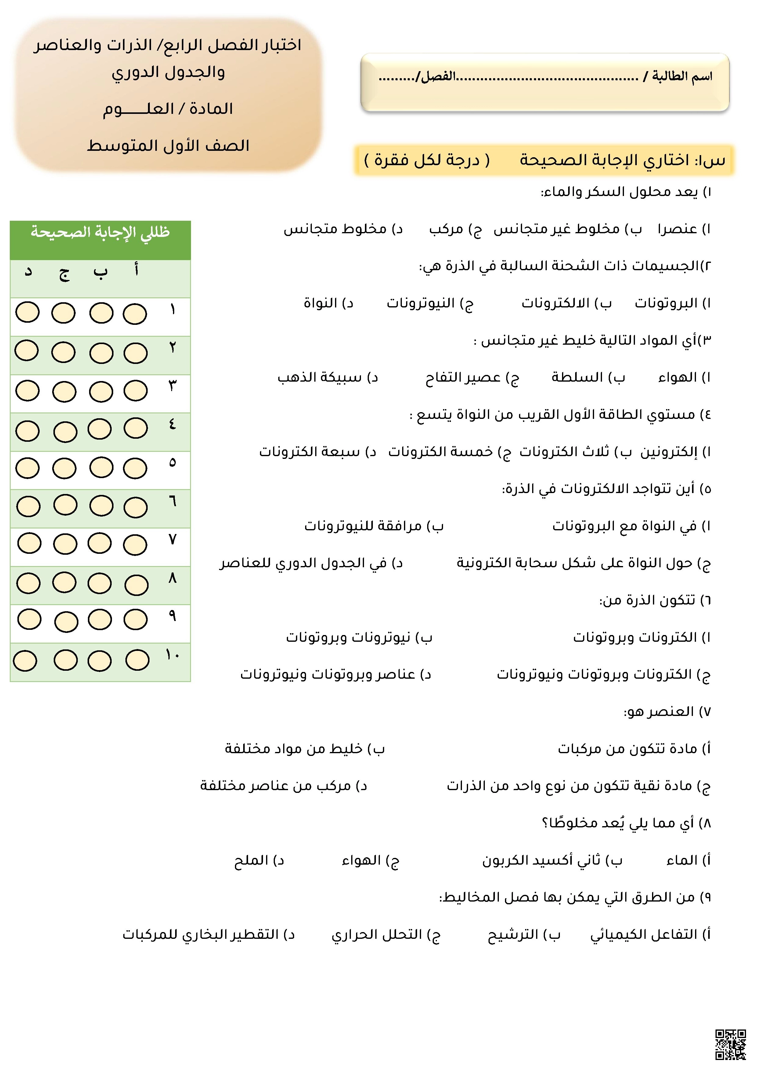 الاختبار الشهري للفصل الرابع الذرات والعناصر والجدول الدوري - علوم - الصف الصف الأول المتوسط - الفصل الفصل الأول