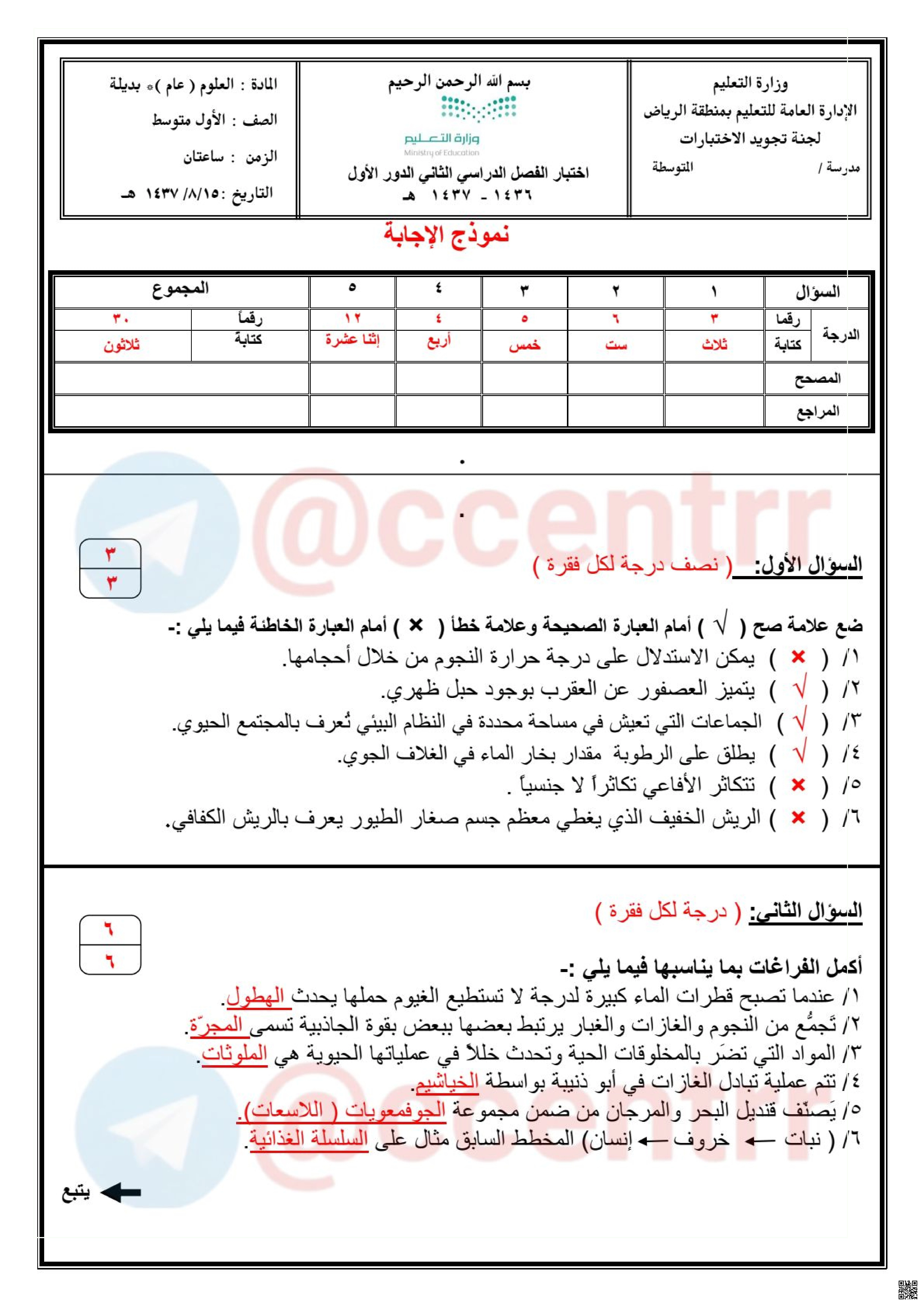 تحليل اختبار العلوم المركزي بمنطقة الرياض - علوم - الصف الصف الأول المتوسط - الفصل الفصل الأول