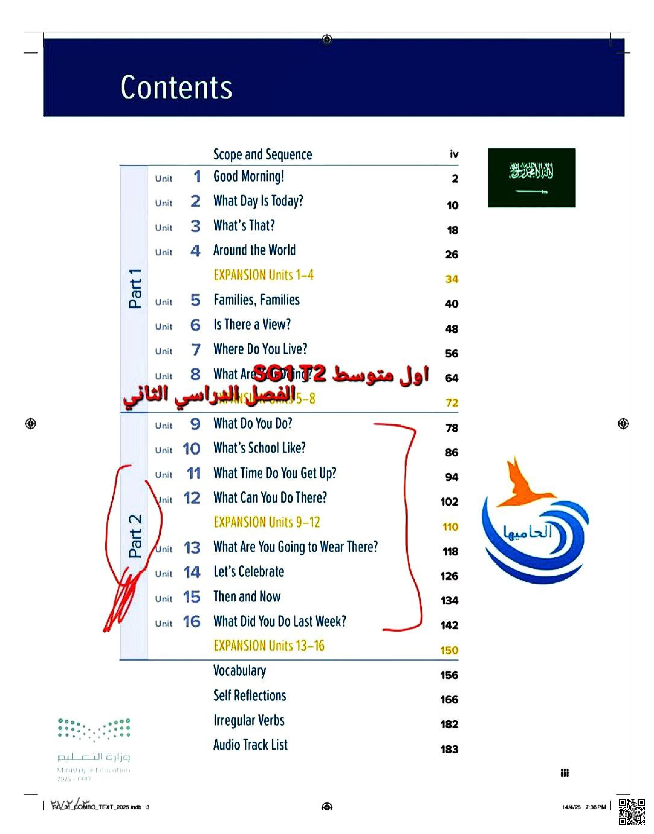 محتوى وحدات اللغة - لغة انجليزية - الصف الصف الأول المتوسط - الفصل الفصل الثاني