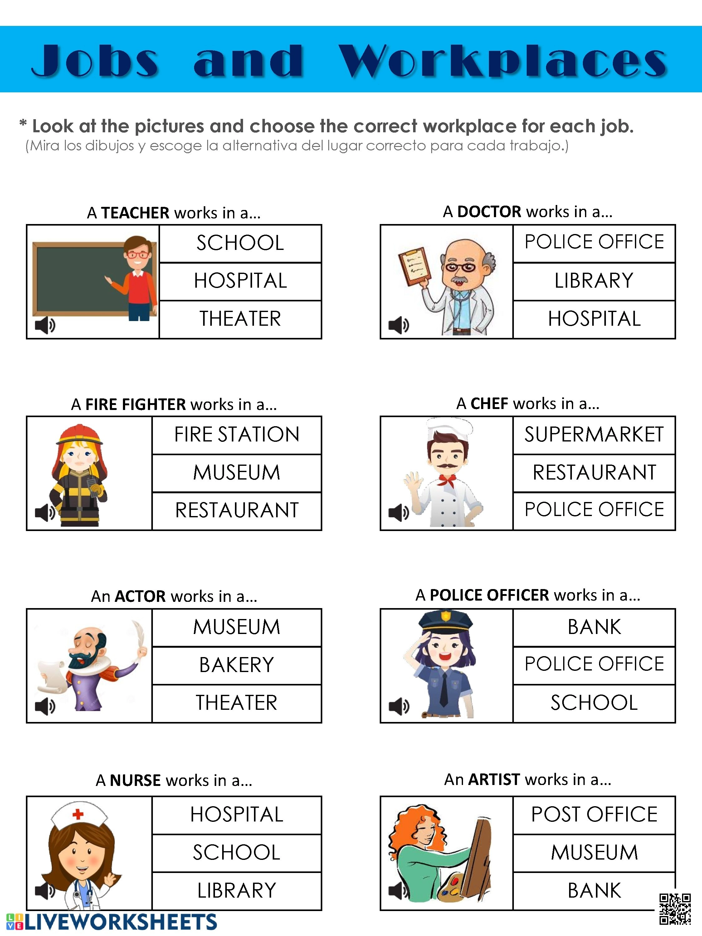 نشاط مطبوع لورقة عمل تفاعلية ربط المهن بأماكن العمل الوحدة 9 Worksheet - لغة انجليزية - الصف الصف الأول المتوسط - الفصل الفصل الثاني