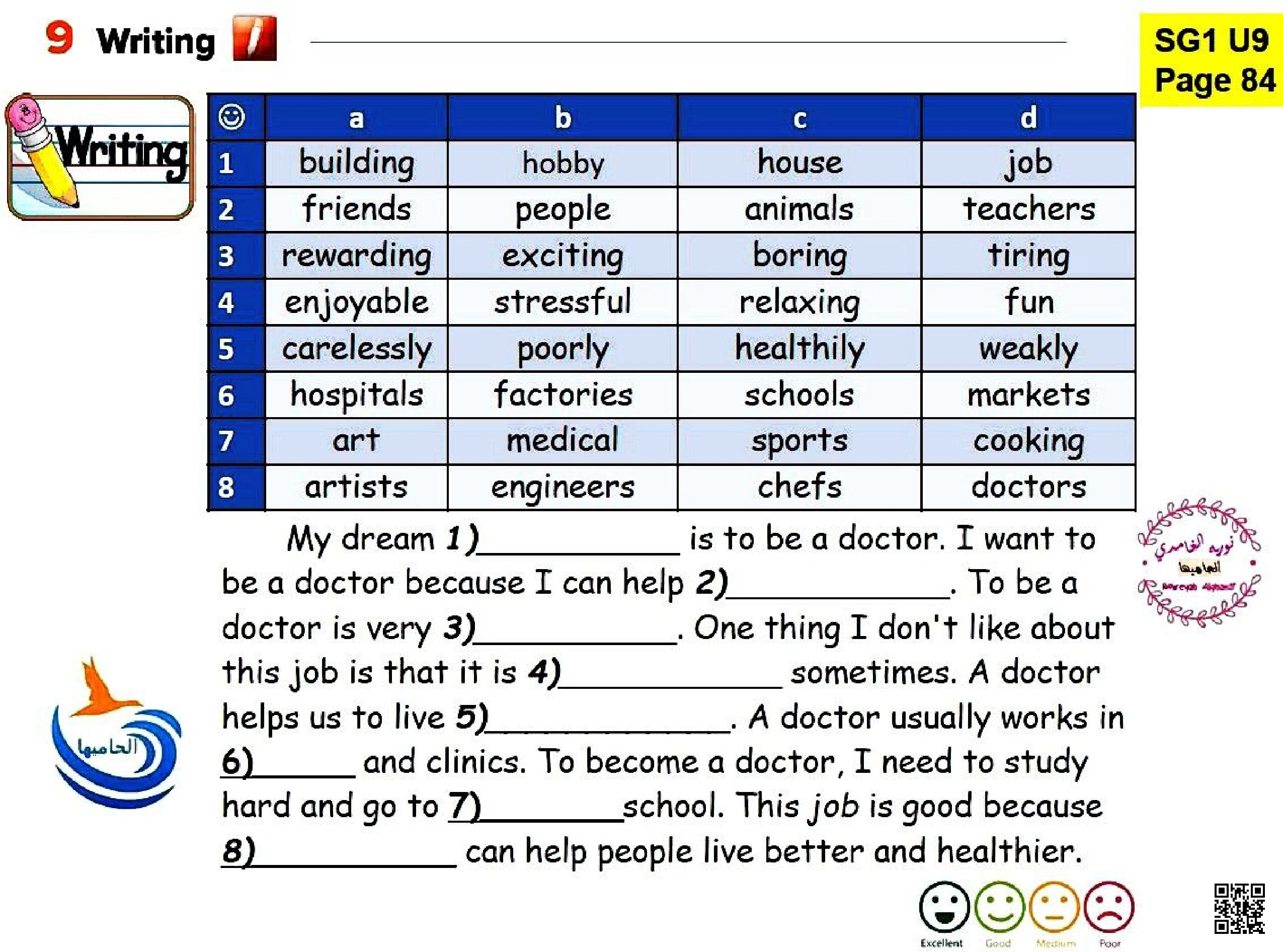تمرين كتابة اختيار الكلمات لاستكمال فقرة عن مهنة الحلم - لغة انجليزية - الصف الصف الأول المتوسط - الفصل الفصل الثاني