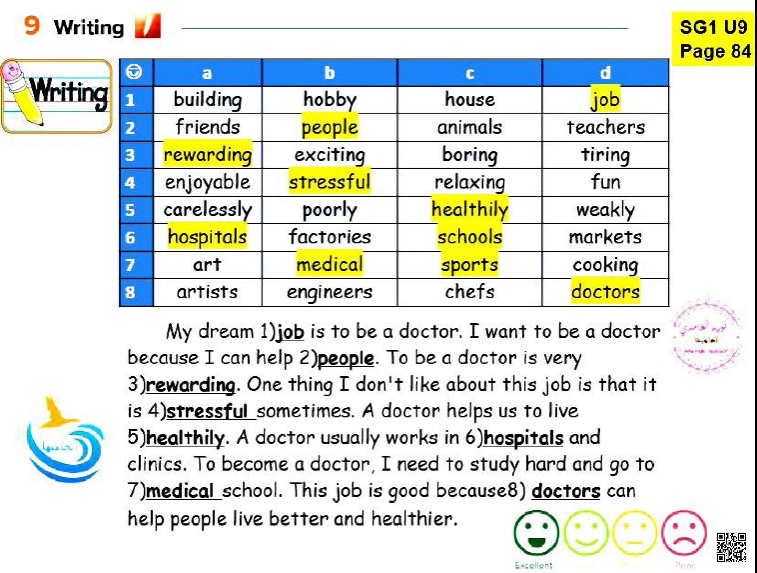 تعبير تصحيح الي للسؤال المقالي
الوحدة التاسعة Writing My dream Job - لغة انجليزية - الصف الصف الأول المتوسط - الفصل الفصل الثاني
