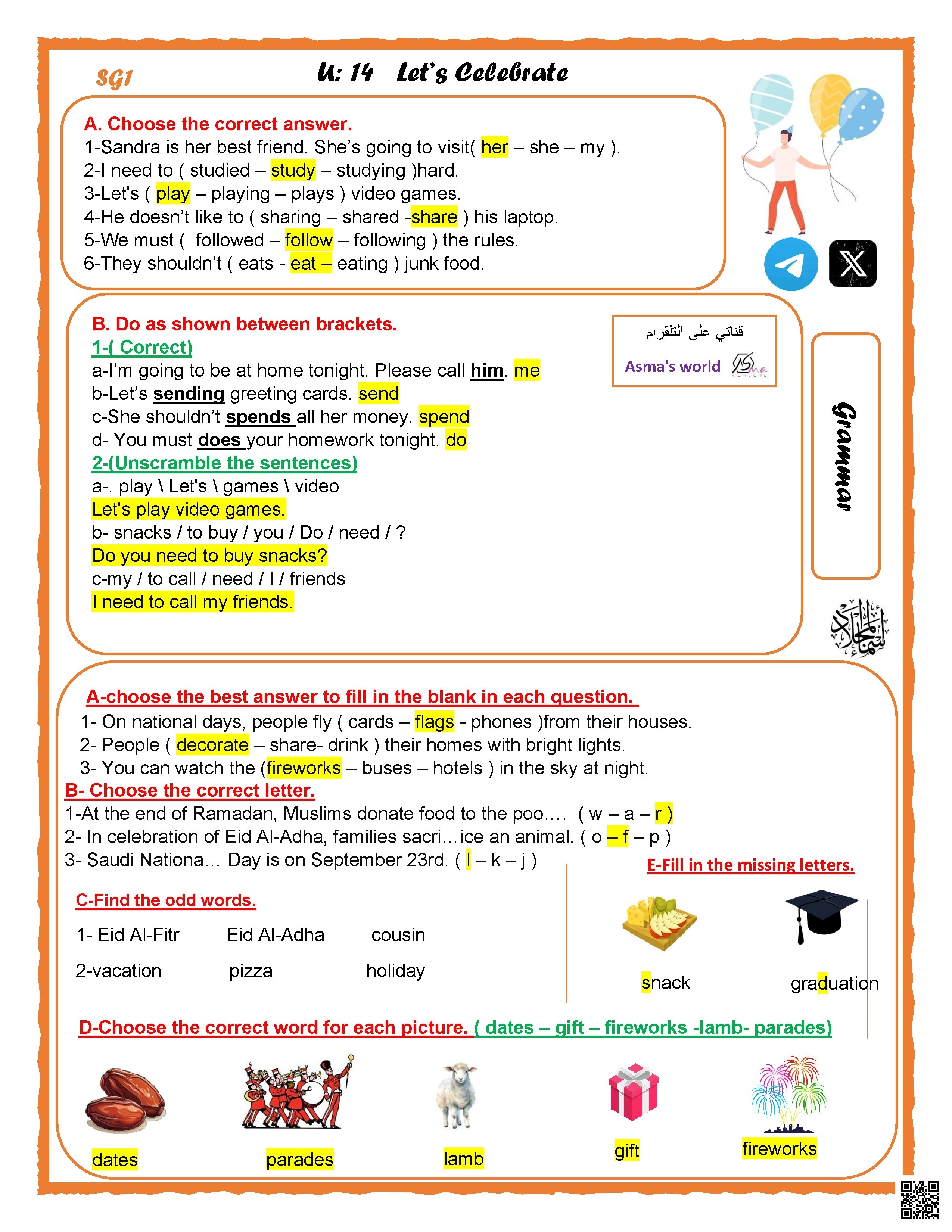 إجابة مراجعة للوحدة الرابعة عشر حول الاحتفالات والعادات