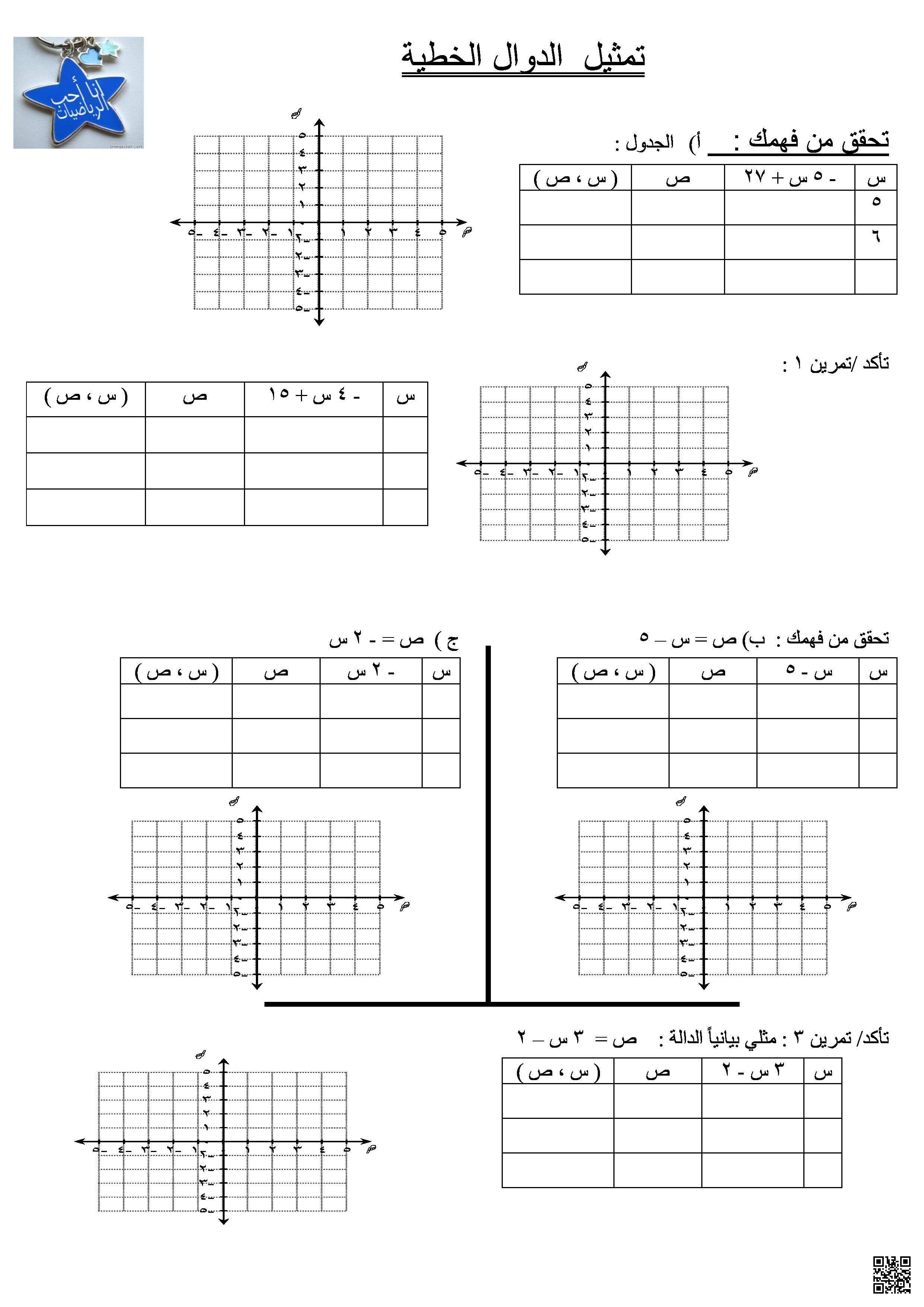 ورقة عمل تمثيل الدوال - رياضيات - الصف الصف الثاني المتوسط - الفصل الفصل الثالث