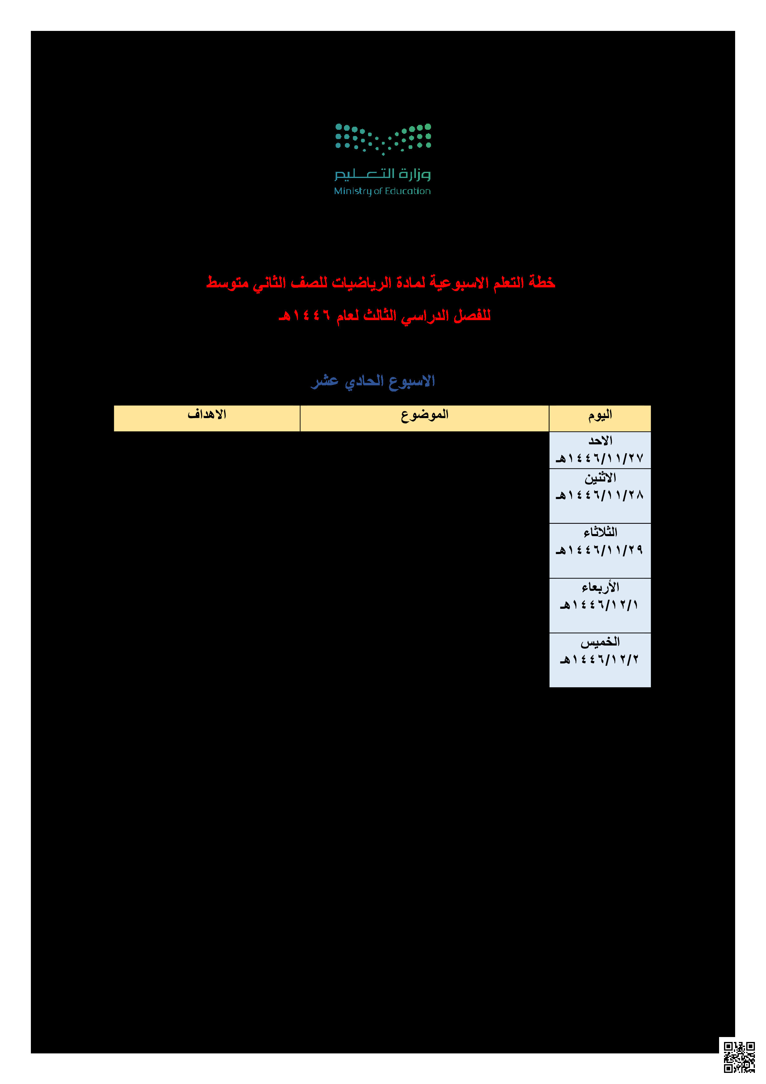 الخطة الأسبوعية للأسبوع الحادي عشر من 27/11 إلى 2/12 من الفصل الثالث 1446ه‍ - رياضيات - الصف الصف الثاني المتوسط - الفصل الفصل الثالث
