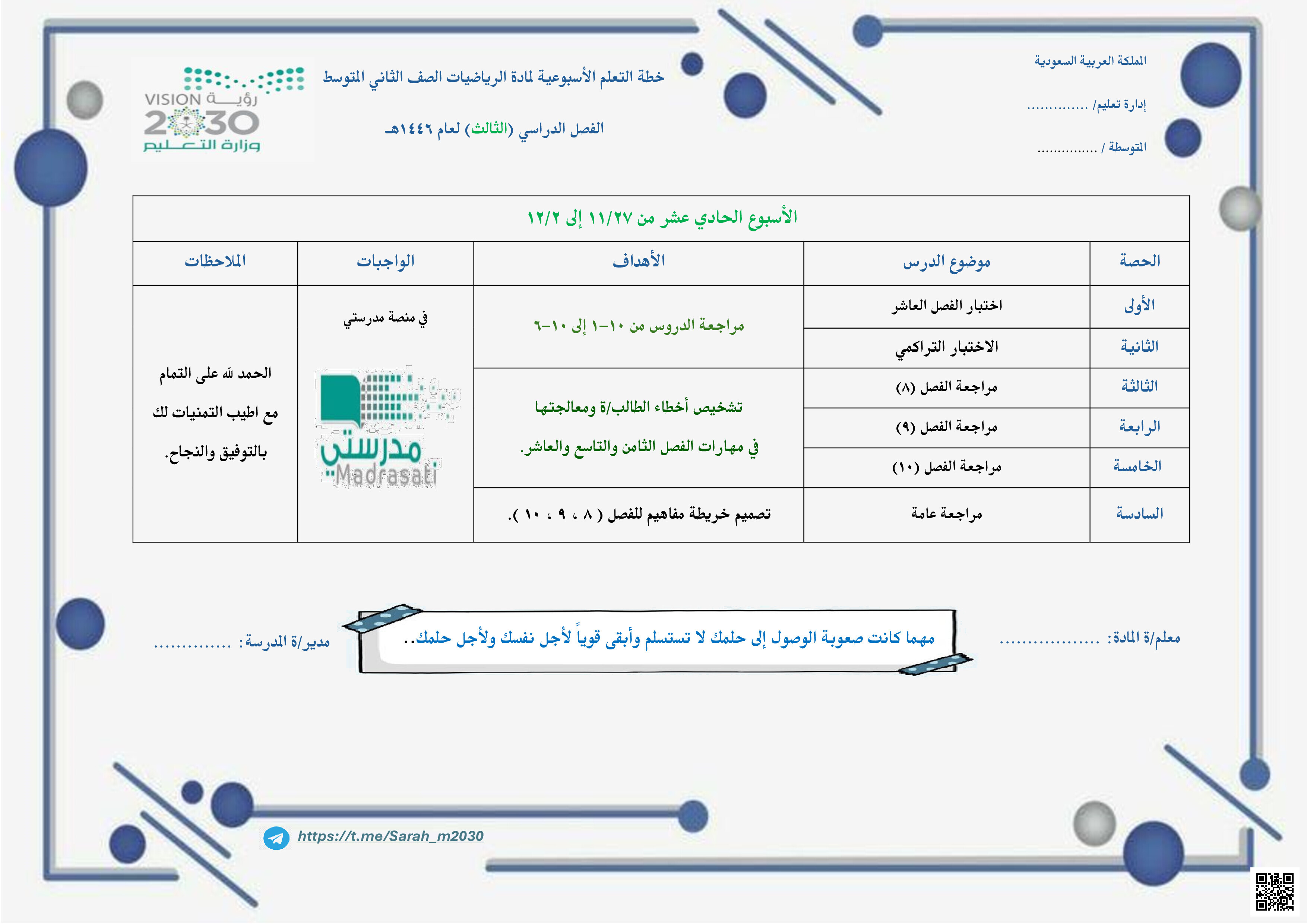 خطة التعلم للأسبوع الحادي عشر - رياضيات - الصف الصف الثاني المتوسط - الفصل الفصل الثالث