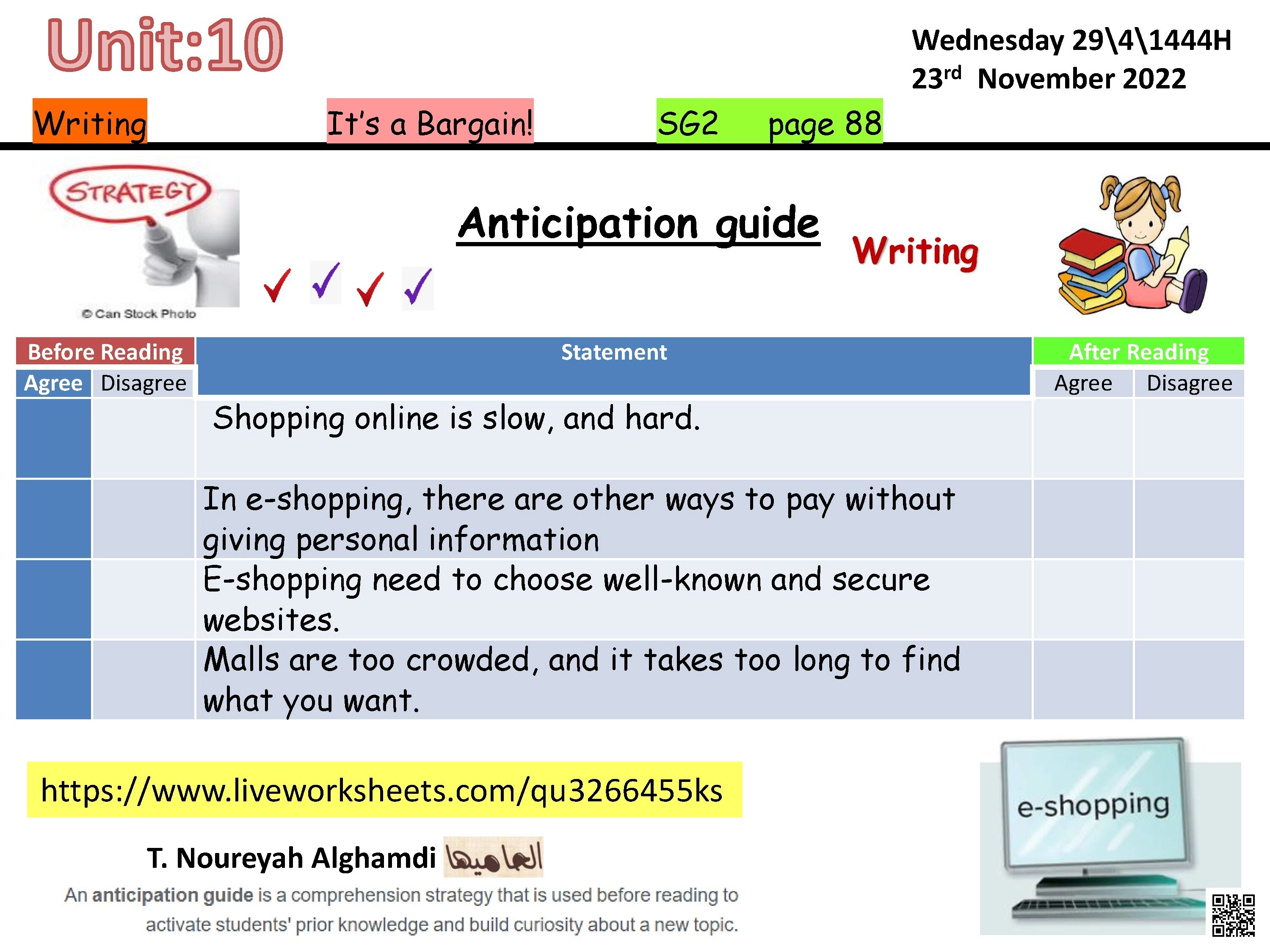 الدرس6 الوحدة10 ورقة عمل استراتيجية التهيئة والتوقع للقراءة حول التسوق الإلكتروني - لغة انجليزية - الصف الصف الثاني المتوسط - الفصل الفصل الثاني