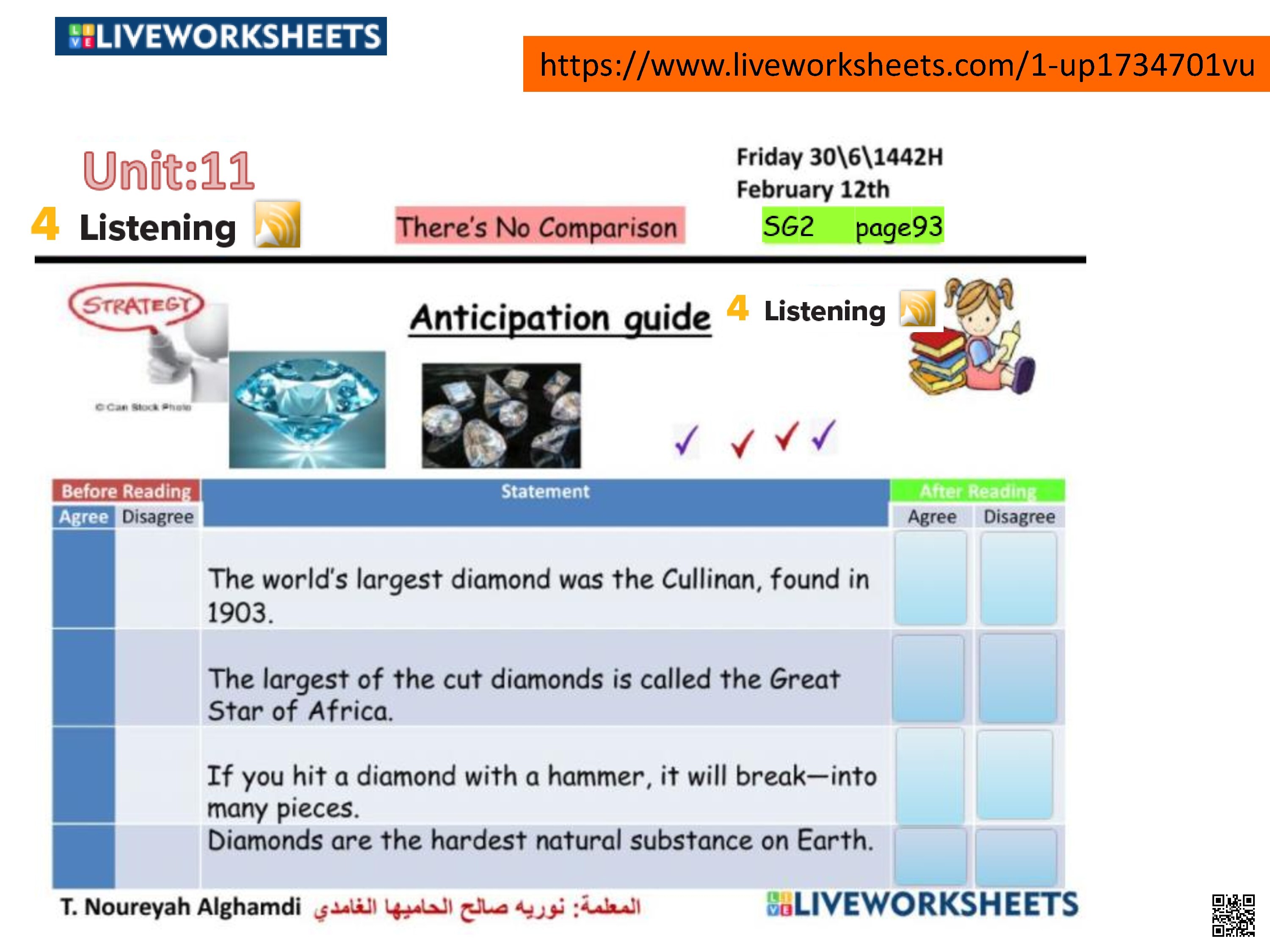 الدرس3 الوحدة11 ورقة عمل استماع استباقي حول حقائق الألماس - لغة انجليزية - الصف الصف الثاني المتوسط - الفصل الفصل الثاني