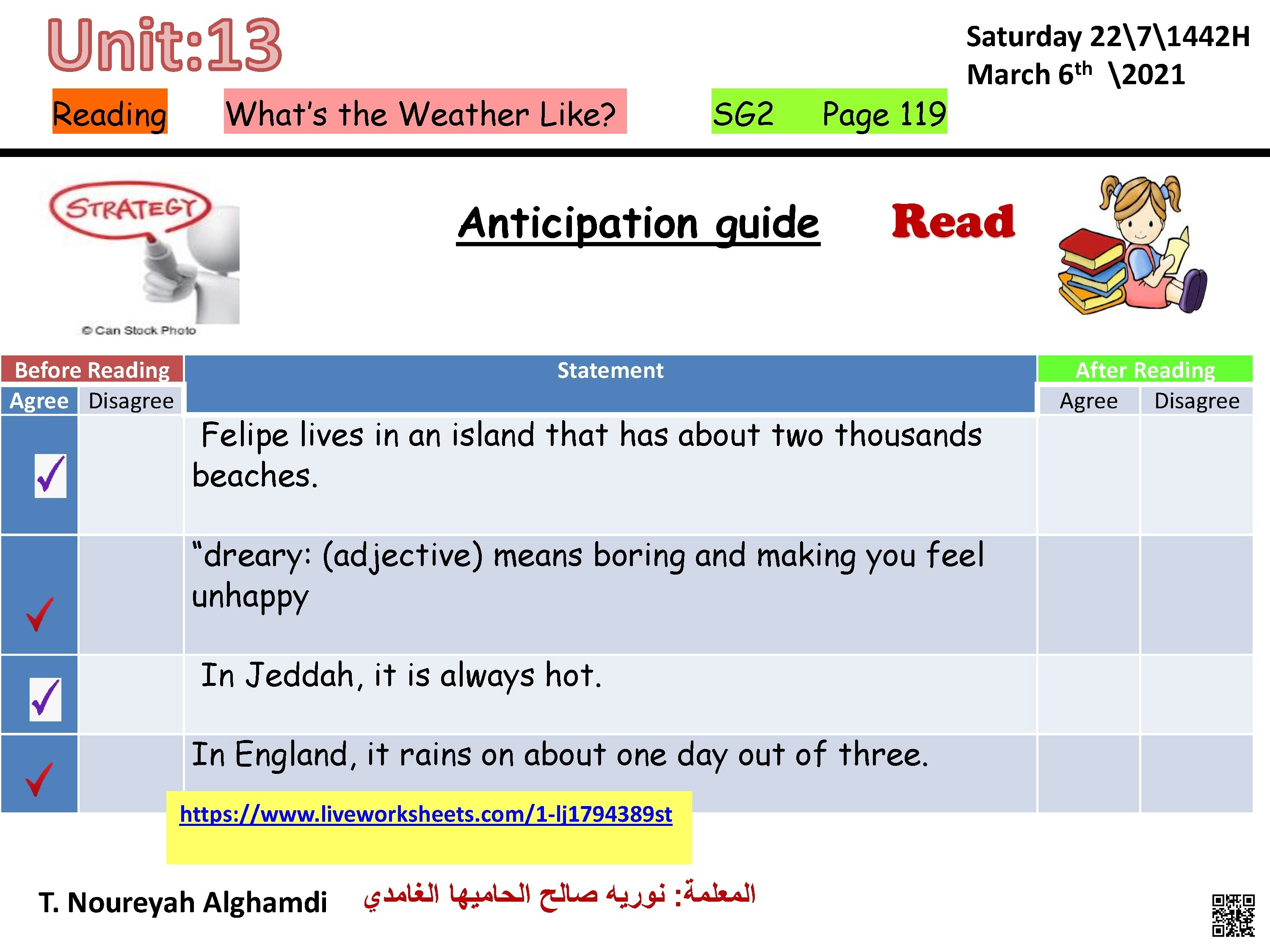 الدرس الخامس الوحدة 13 ورقة عمل تقييمية لمهارات مفاهيم الطقس وتأثيره على المزاج - لغة انجليزية - الصف الصف الثاني المتوسط - الفصل الفصل الثاني