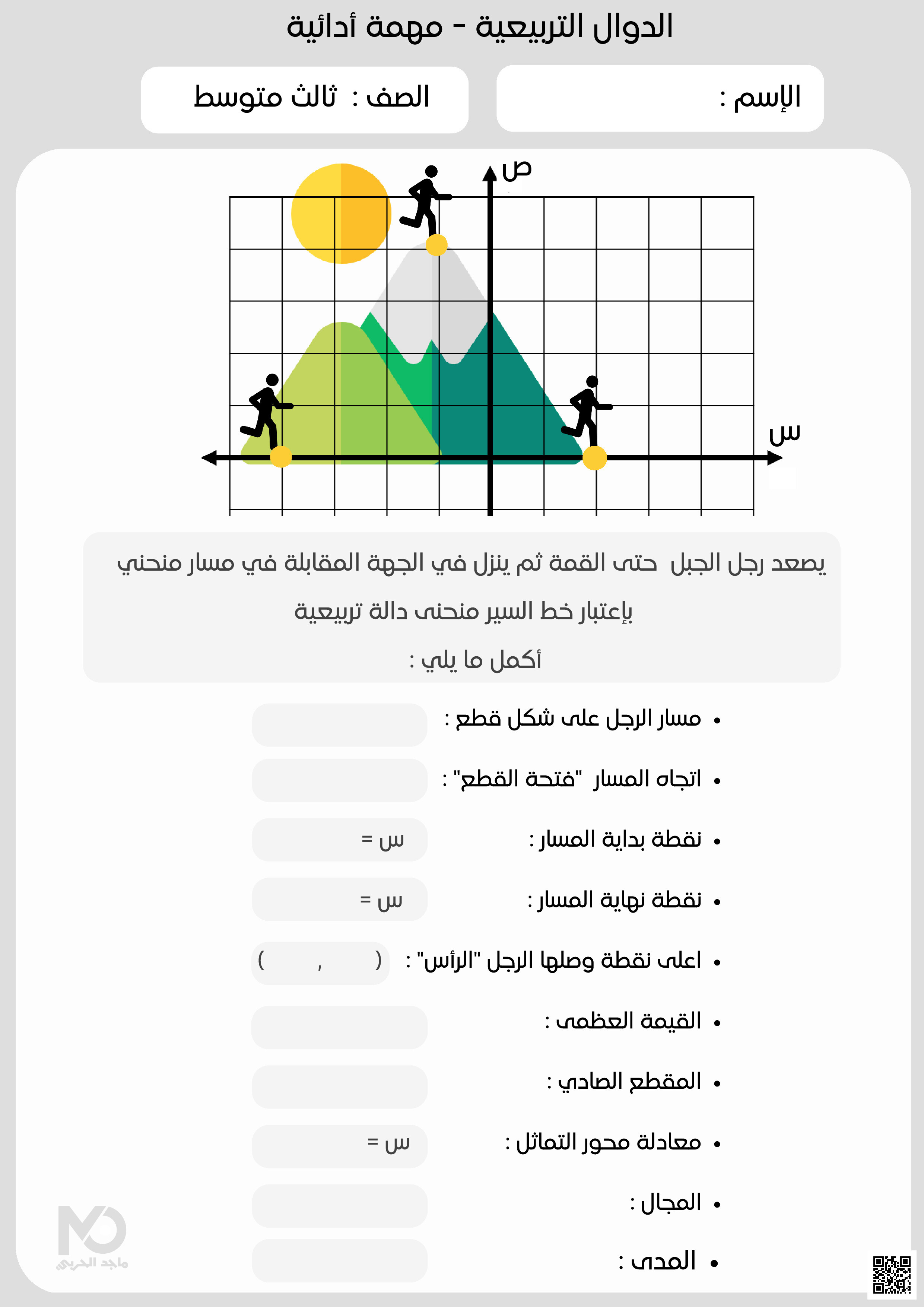 مهمة أدائية لفصل الدوال التربيعية - رياضيات - الصف الصف الثالث المتوسط - الفصل الفصل الثالث